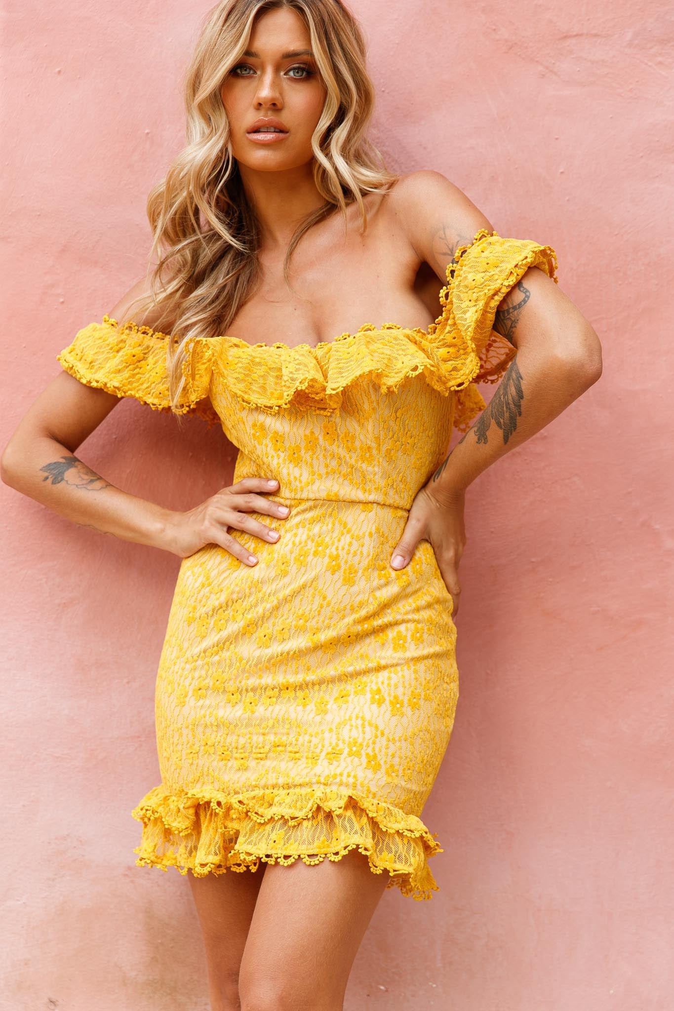 Bobby Bardot Neckline Floral Lace Overlay Dress Mustard