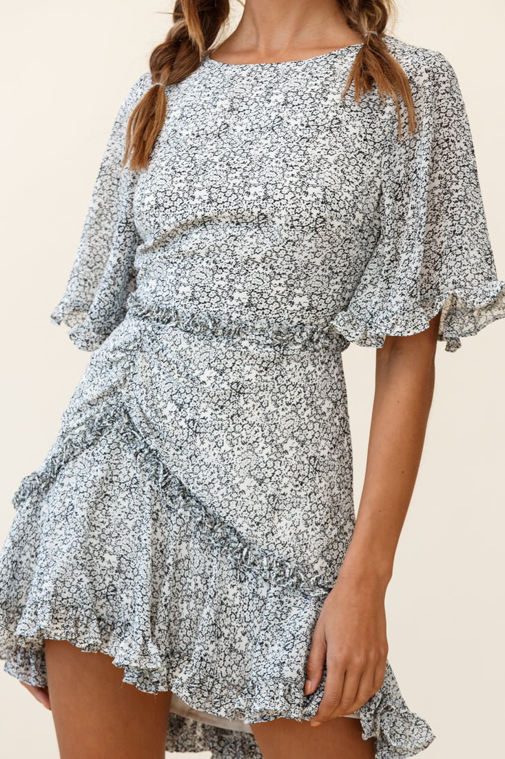Leona Half Sleeve Frill Trim Dress Floral Print Black