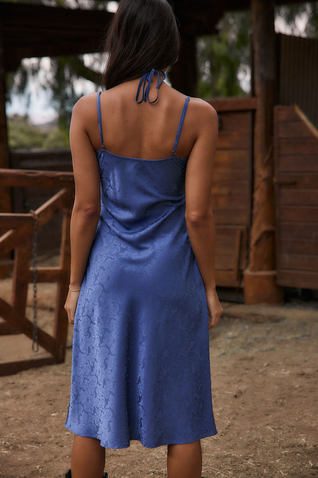 Aubrey Blue Satin Jacquard Midi Dress