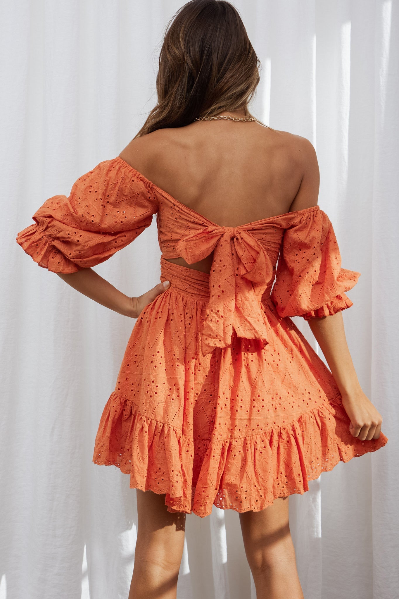 Abby Off-Shoulder Tie-Up Back Dress Eyelet Embroidery Dress Orange