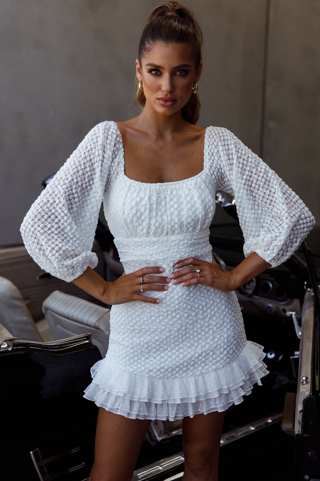 Abby Frill Hem Lace Dress White