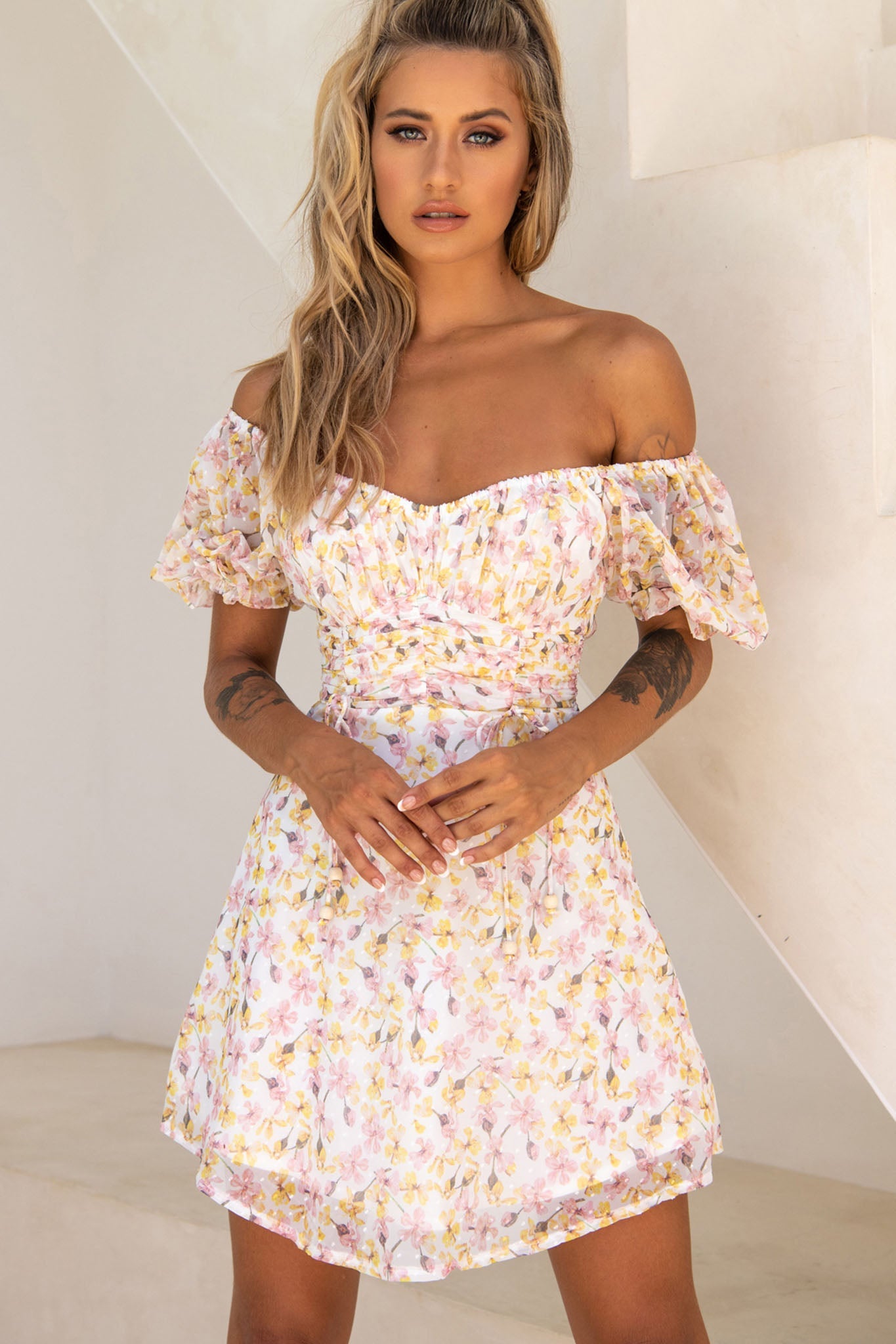 Bright Side Off-Shoulder Puff Sleeve Dress Floral Print Pink/Yellow