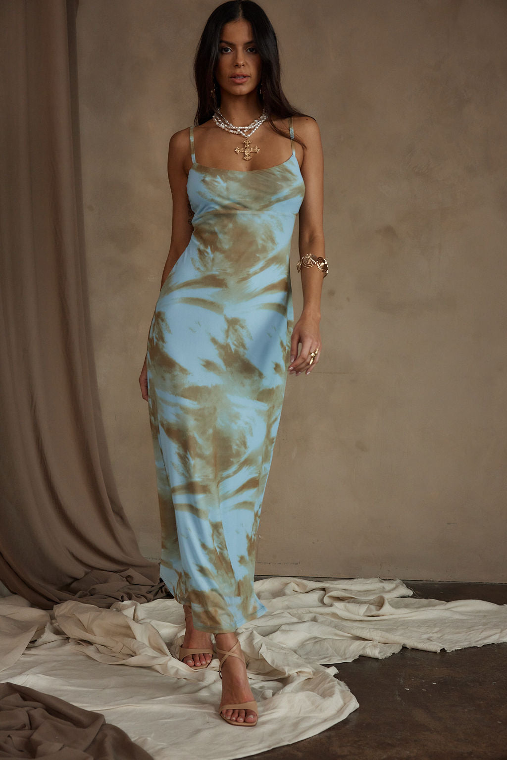 Lilah Blue Printed Mesh Maxi Dress