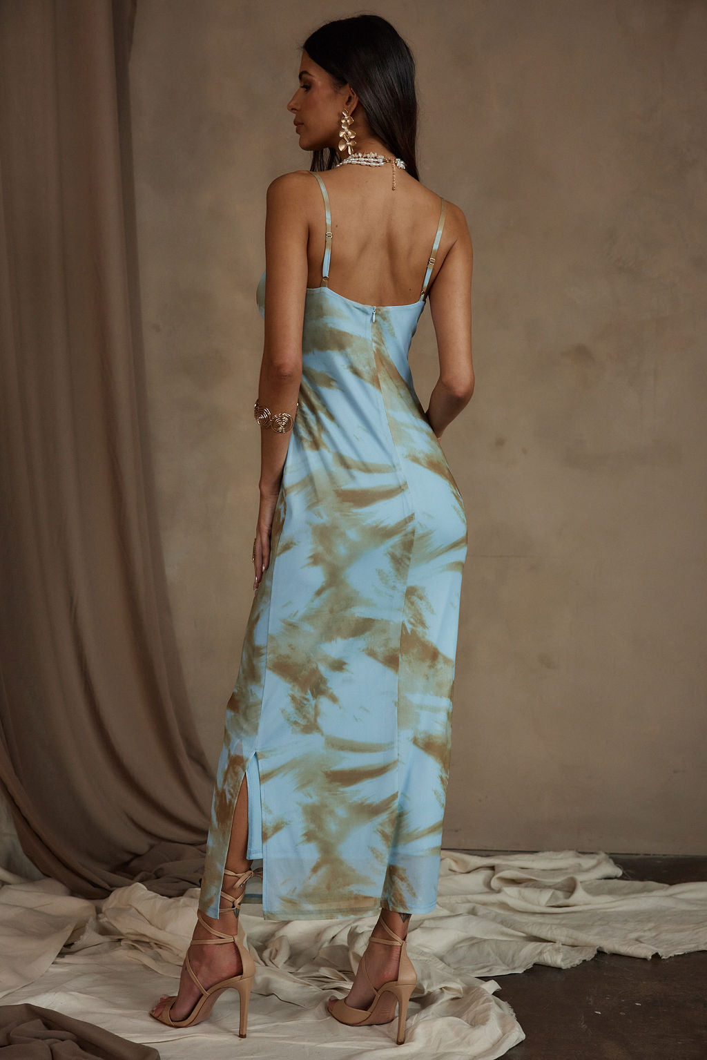 Lilah Blue Printed Mesh Maxi Dress