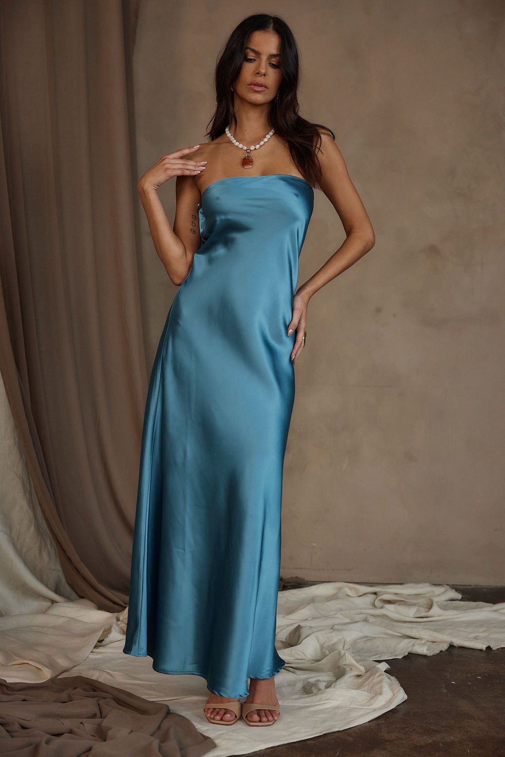 Natalia Solid Blue Strapless Maxi Dress