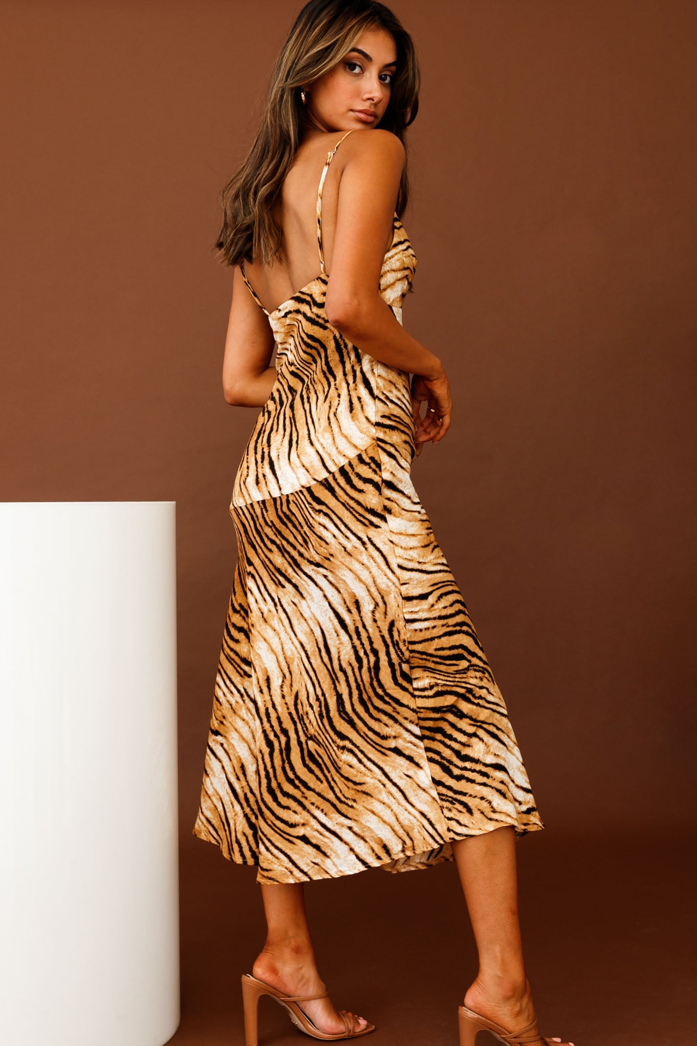 Downtown Cami Strap Front Split Midi Dress Tiger Print