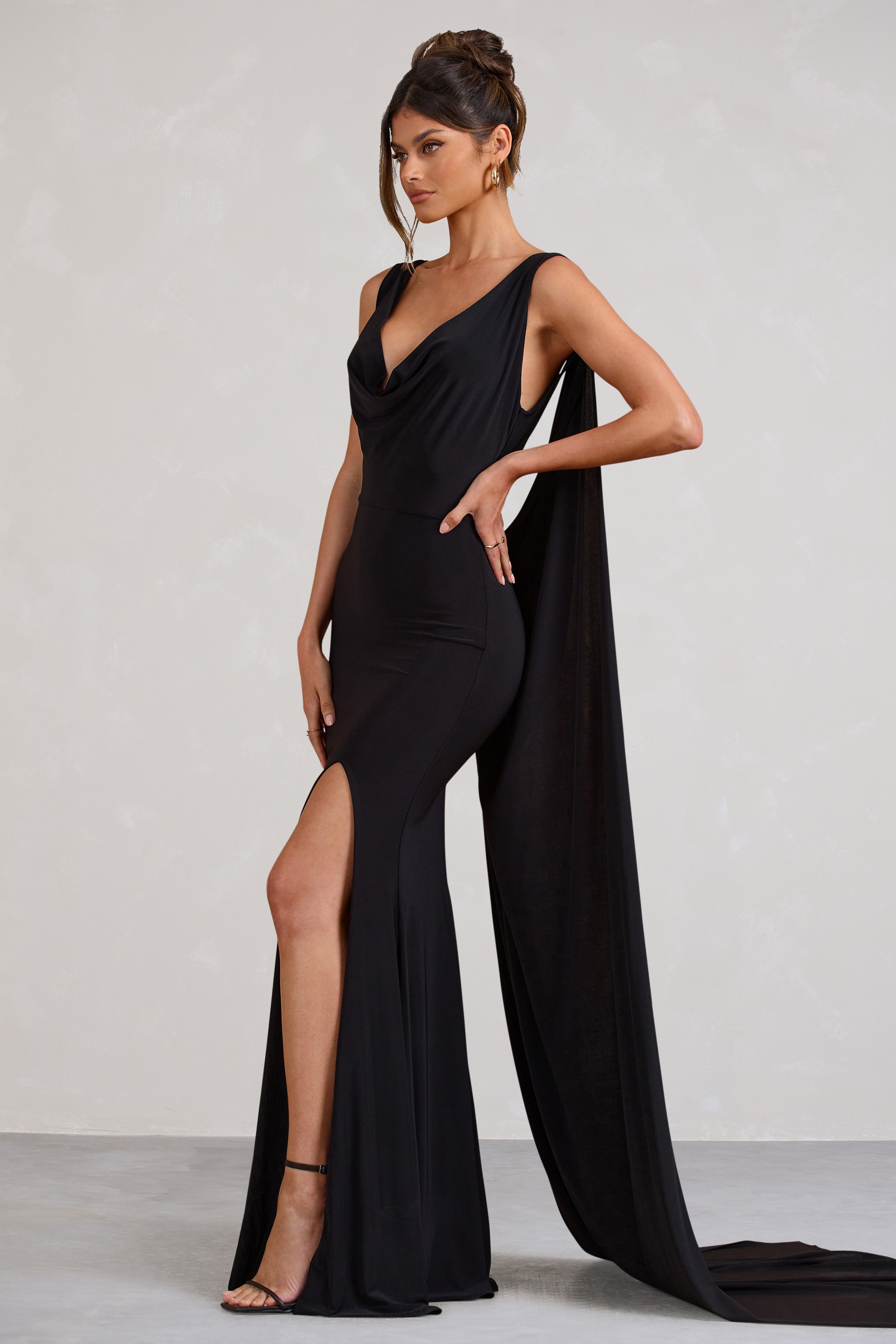 A Toast Black Split Maxi Dress With Draped Cape