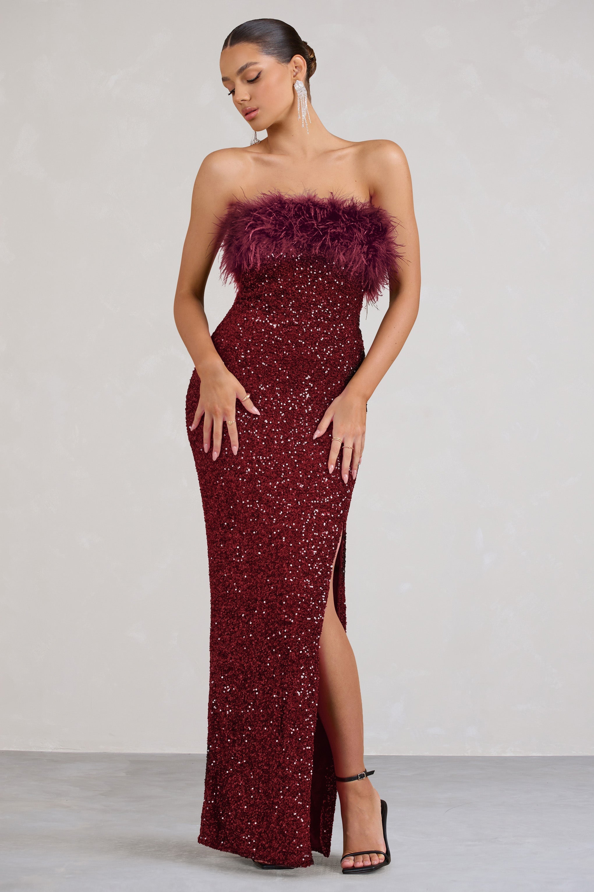 Old Money Burgundy Bodycon Sequin Maxi Dress With Feather Trim