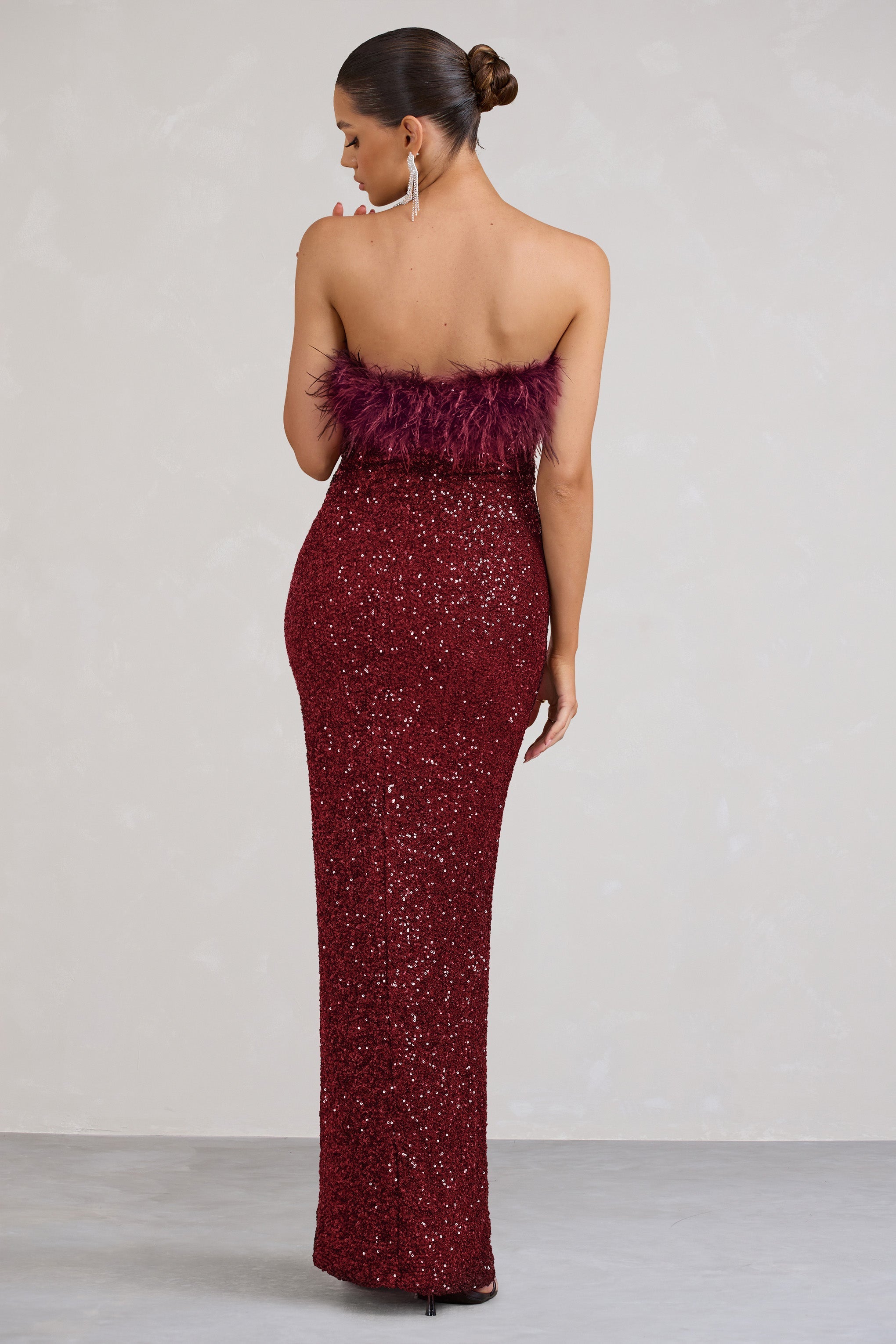 Old Money Burgundy Bodycon Sequin Maxi Dress With Feather Trim