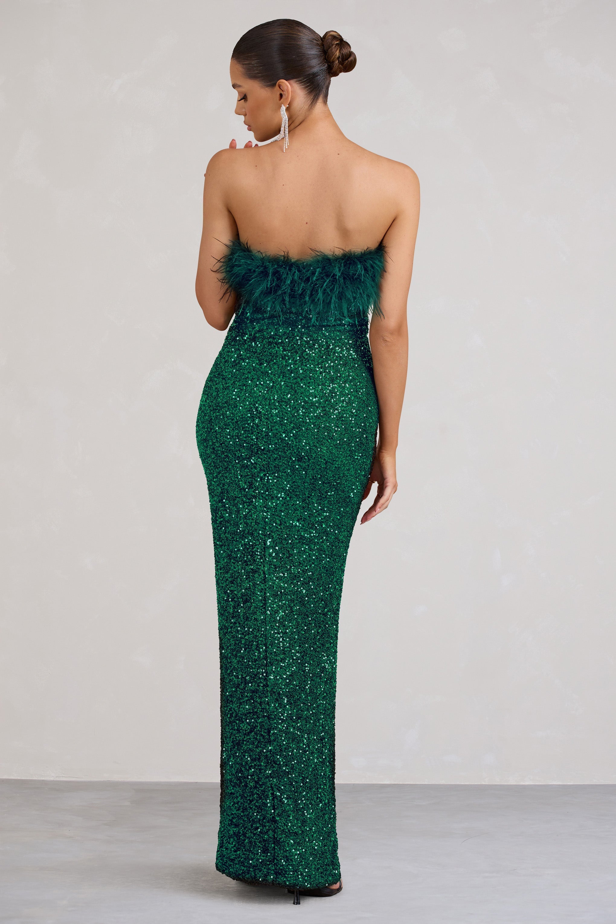 Old Money Bottle Green Bodycon Sequin Maxi Dress With Feather Trim