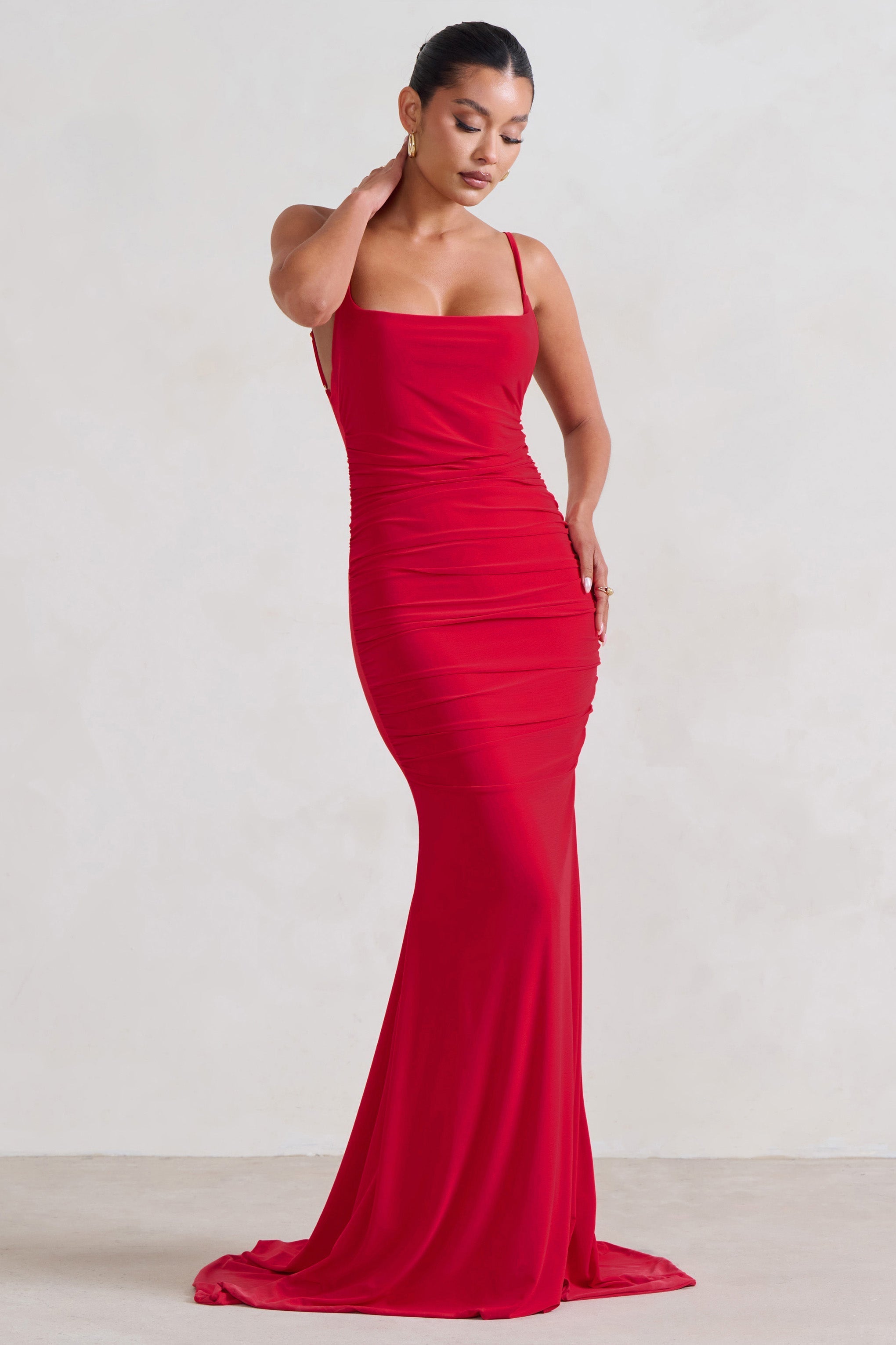 Adele Red Ruched Fishtail Cami Maxi Dress
