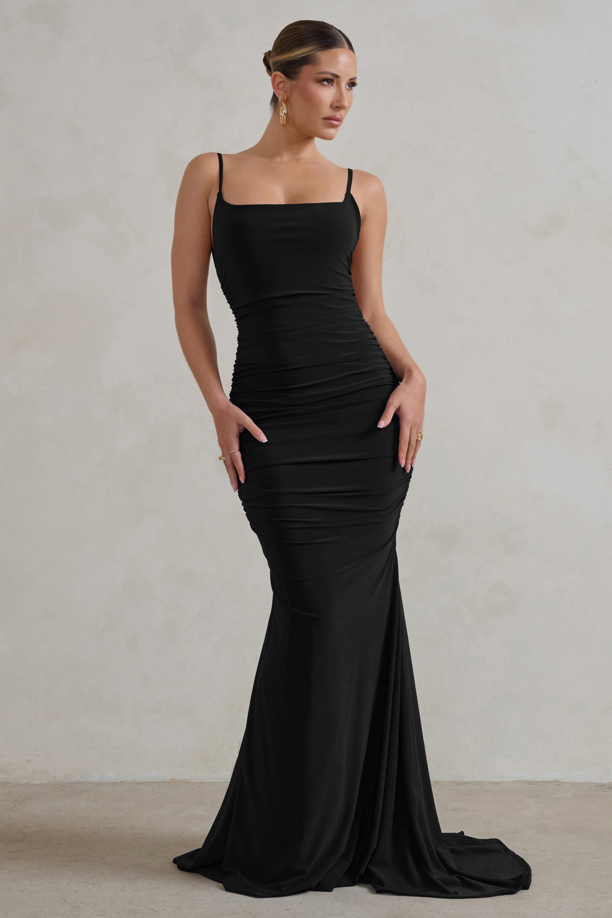 Adele Black Ruched Fishtail Cami Maxi Dress