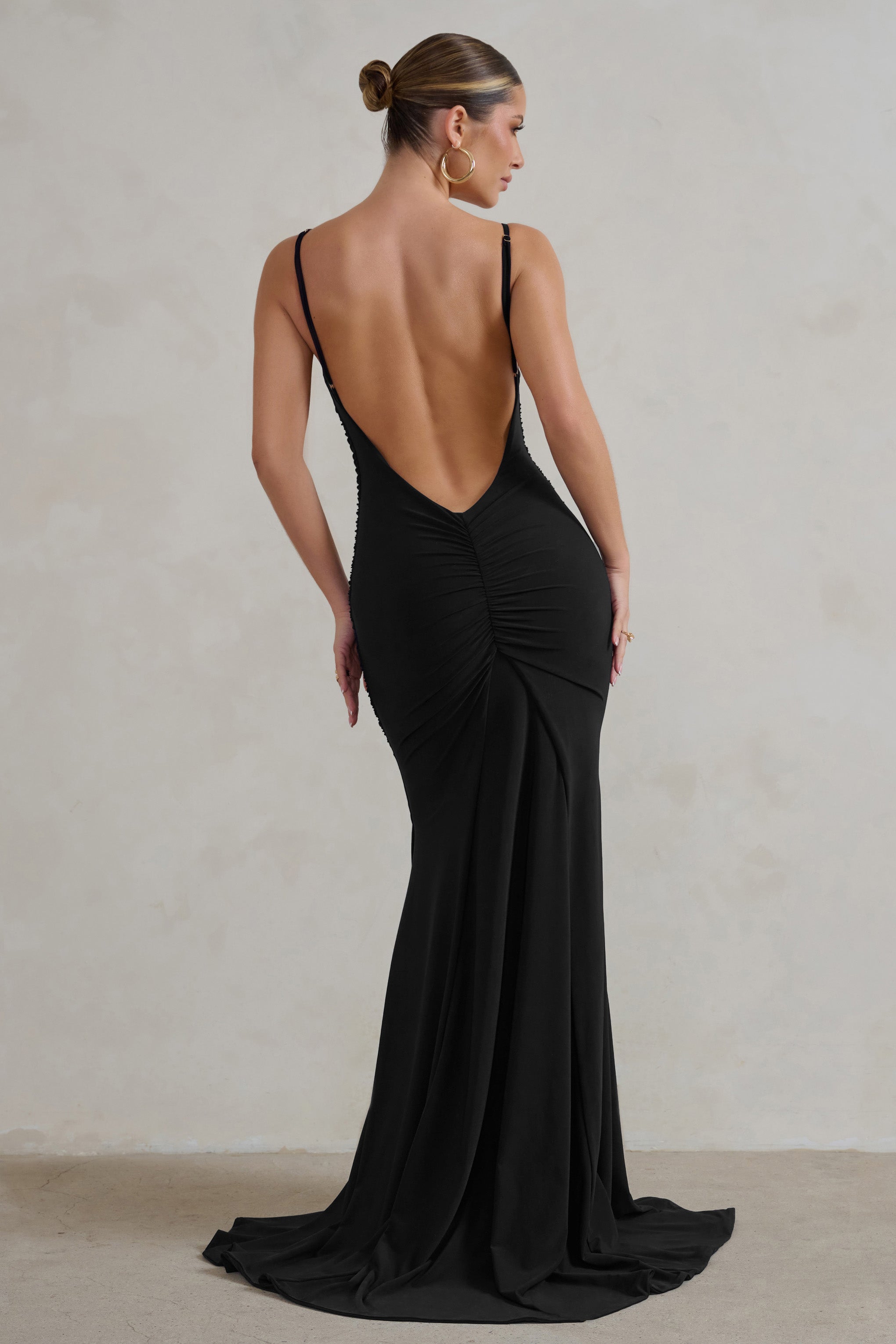 Adele Black Ruched Fishtail Cami Maxi Dress