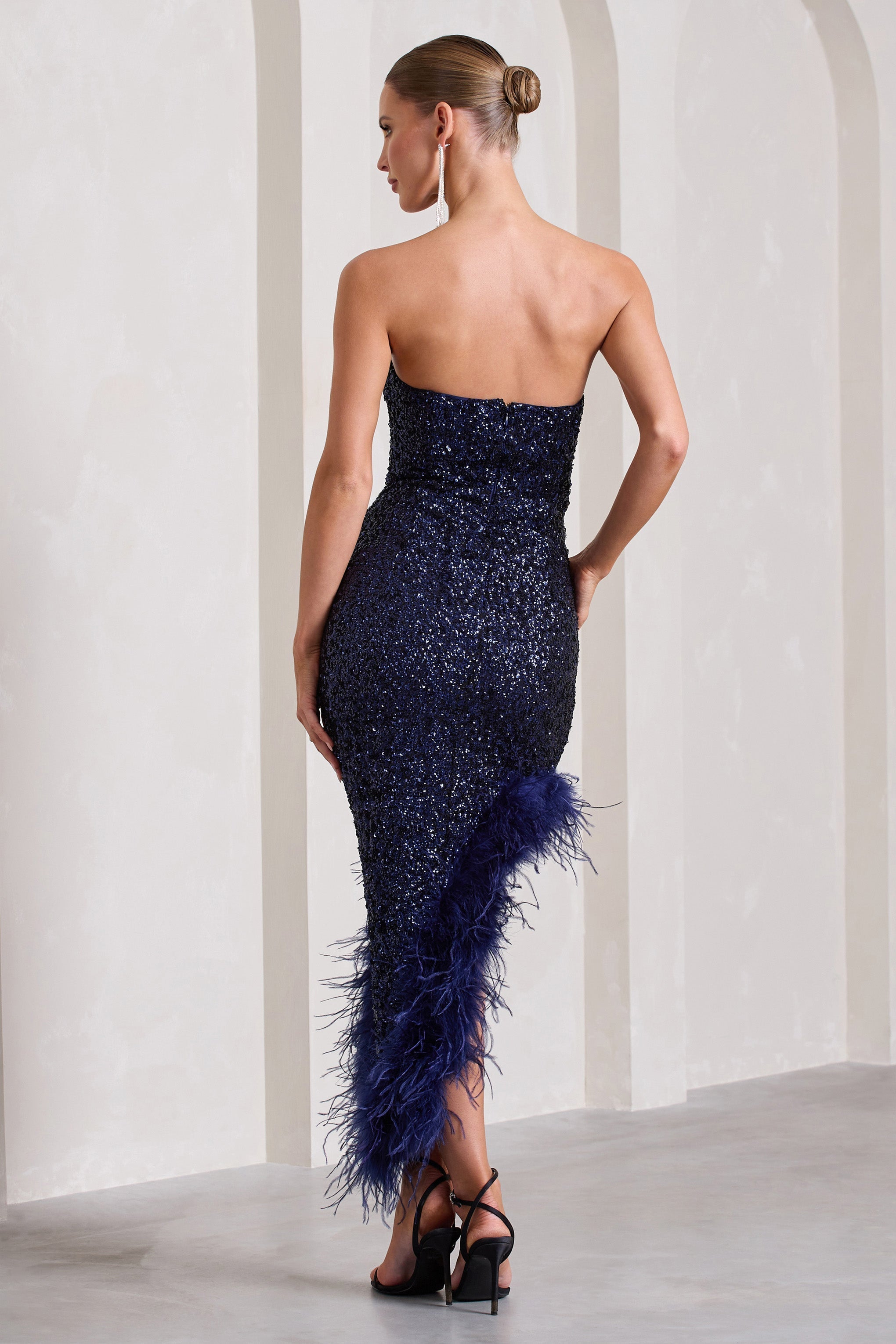 Emulate Navy Sequin Asymmetric Bandeau Maxi Dress With Feathers