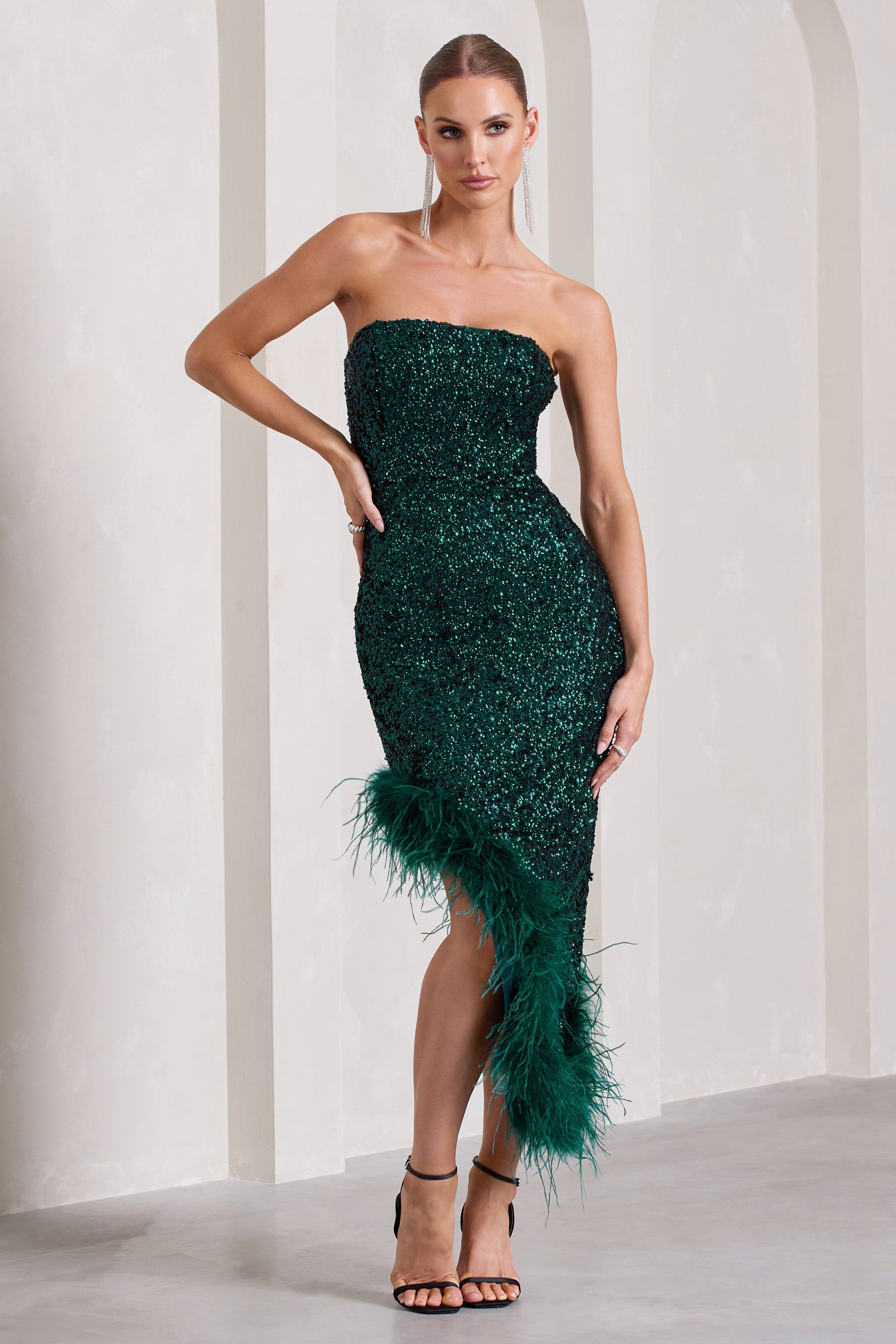 Emulate Bottle Green Sequin Asymmetric Bandeau Maxi Dress With Feathers