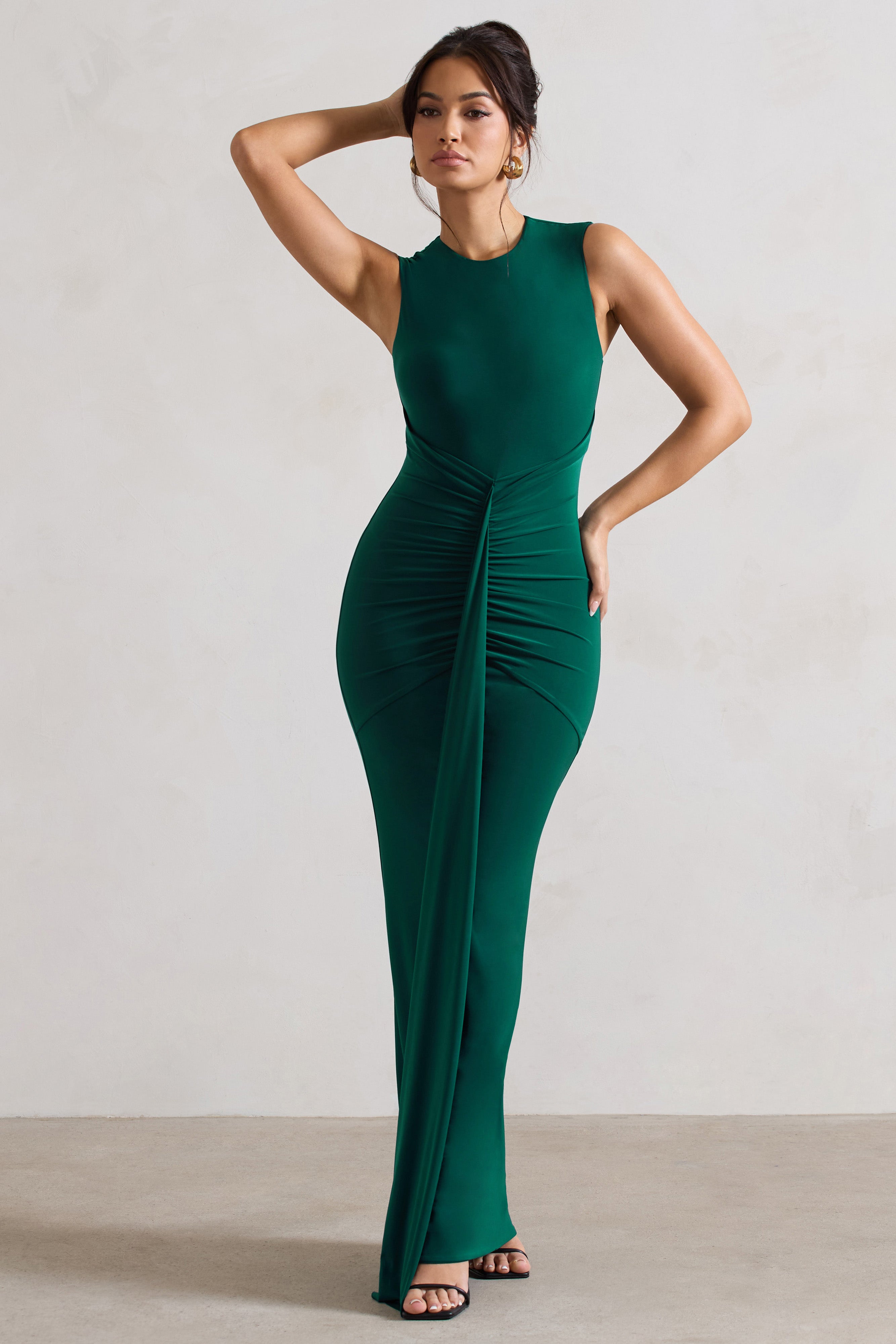 Alexa Bottle Green High-Neck Gathered Maxi Dress With Drape