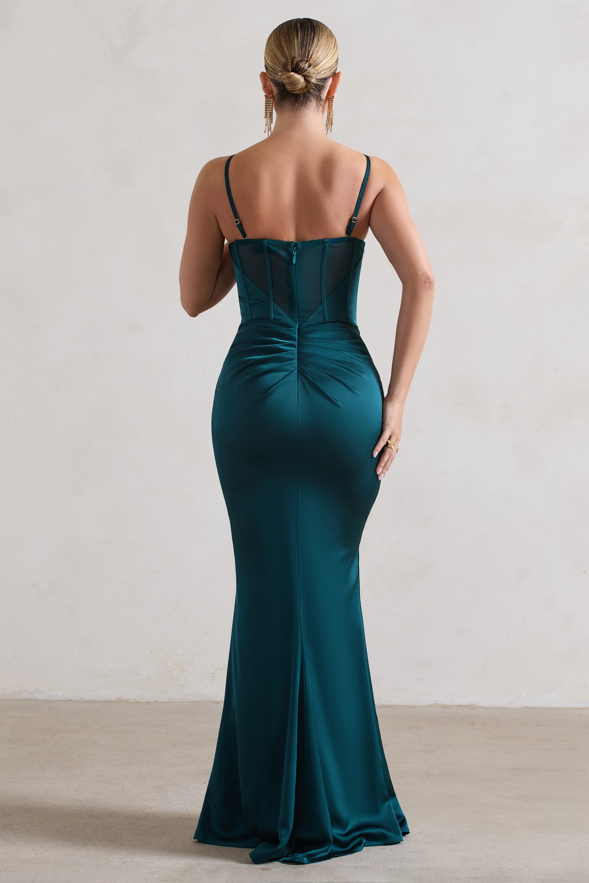 Ardelle Dark Green Satin Corseted Wrap Maxi Dress