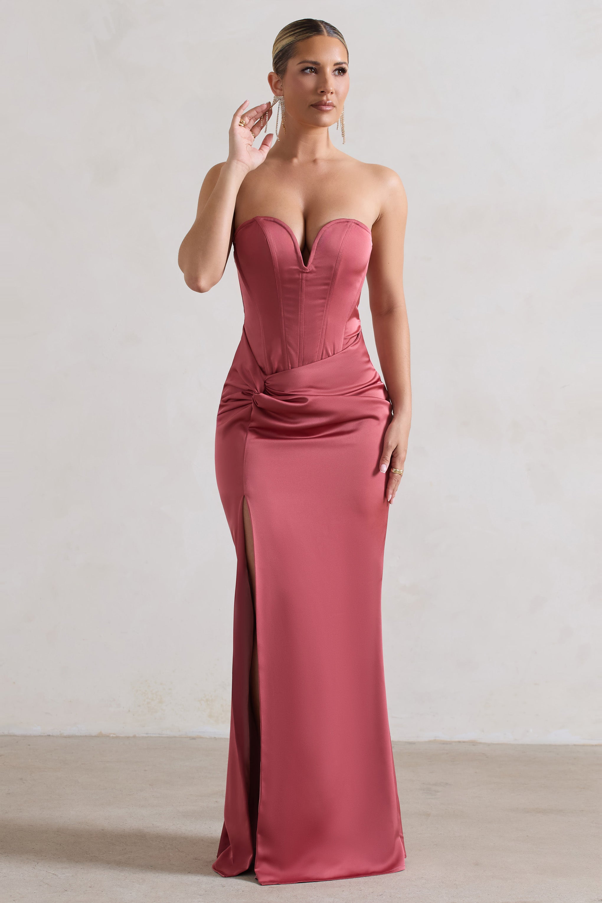 Ardelle Rose Pink Satin Corseted Wrap Maxi Dress