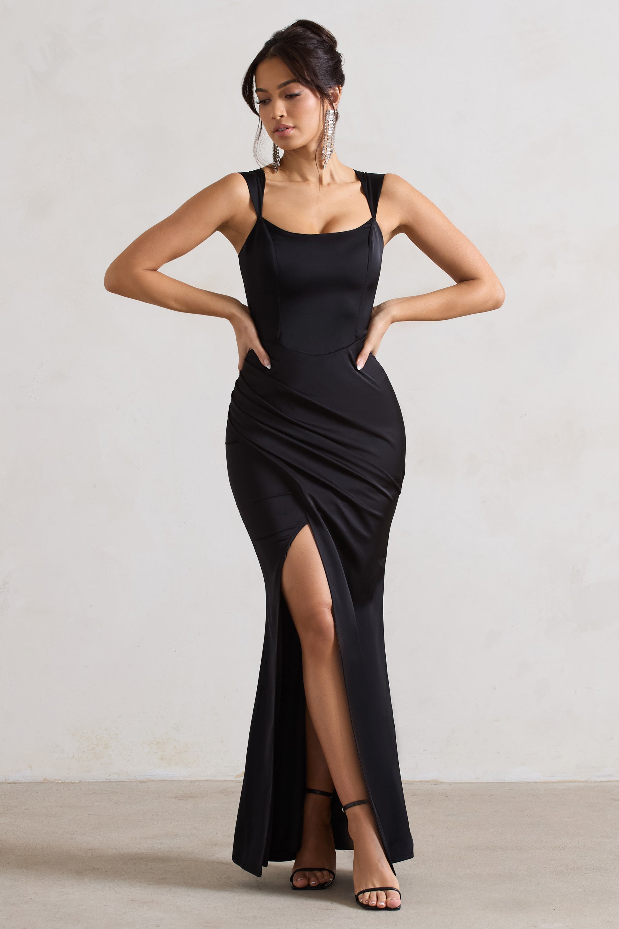 A Romantic Black Satin Corset Wrap Maxi Dress