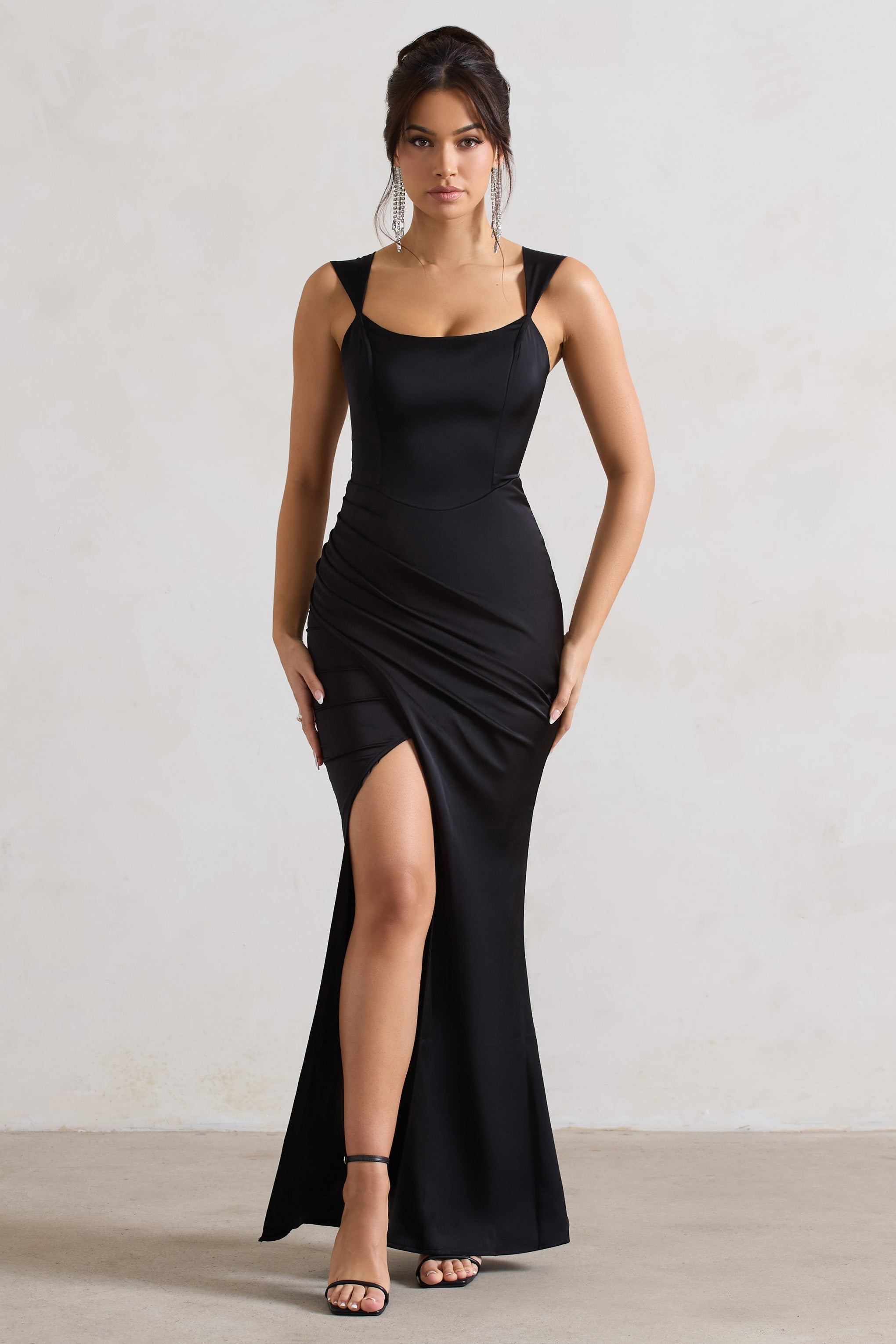 A Romantic Black Satin Corset Wrap Maxi Dress