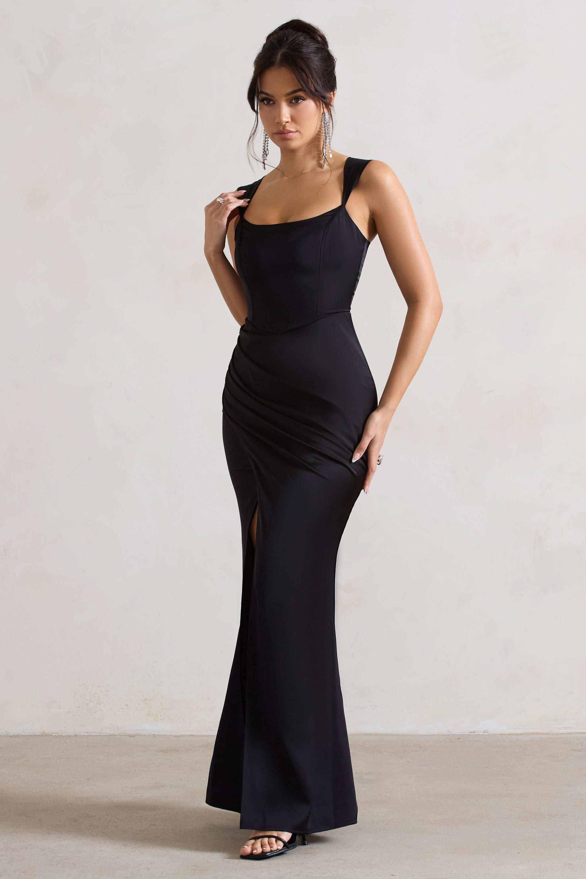 A Romantic Black Satin Corset Wrap Maxi Dress