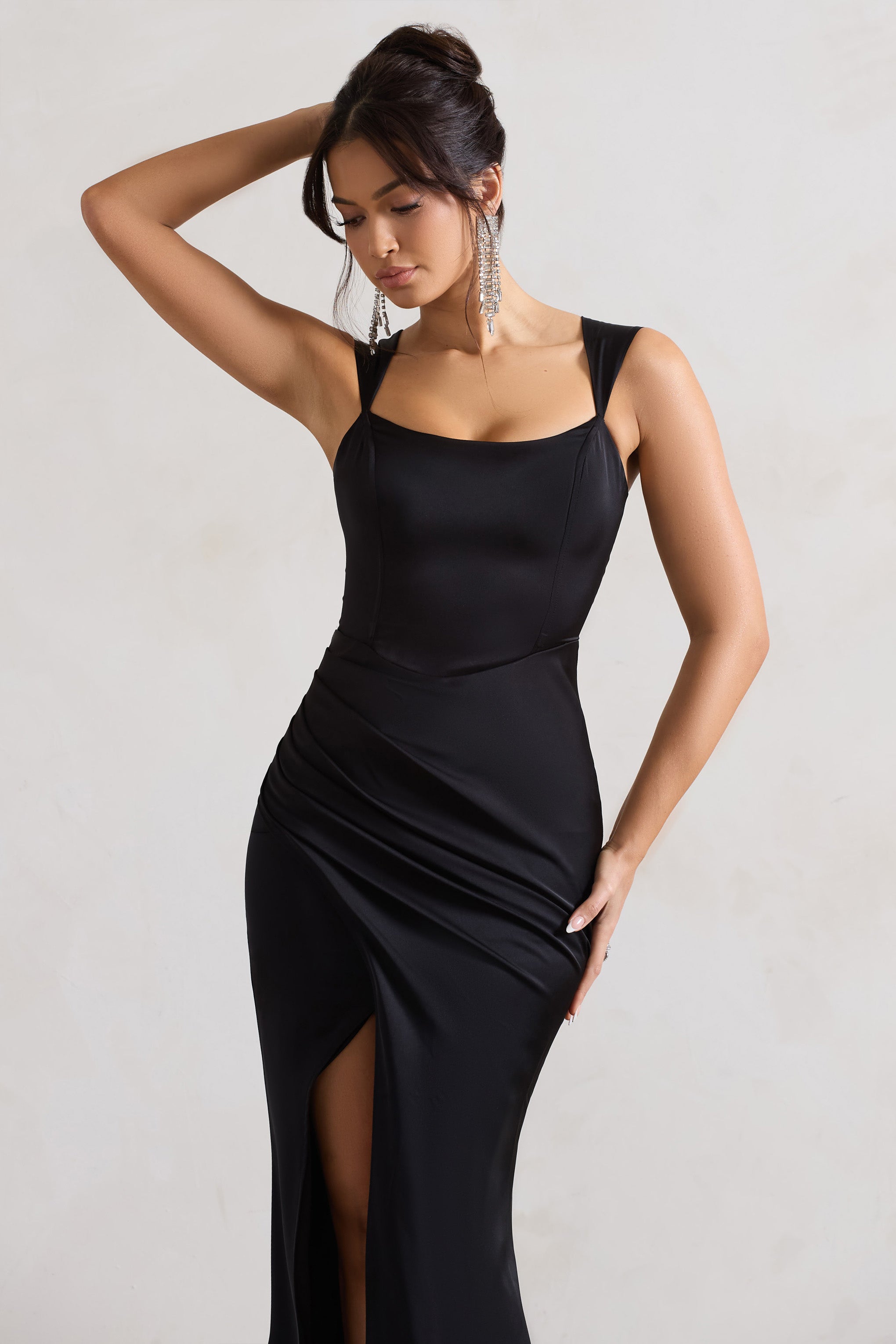 A Romantic Black Satin Corset Wrap Maxi Dress