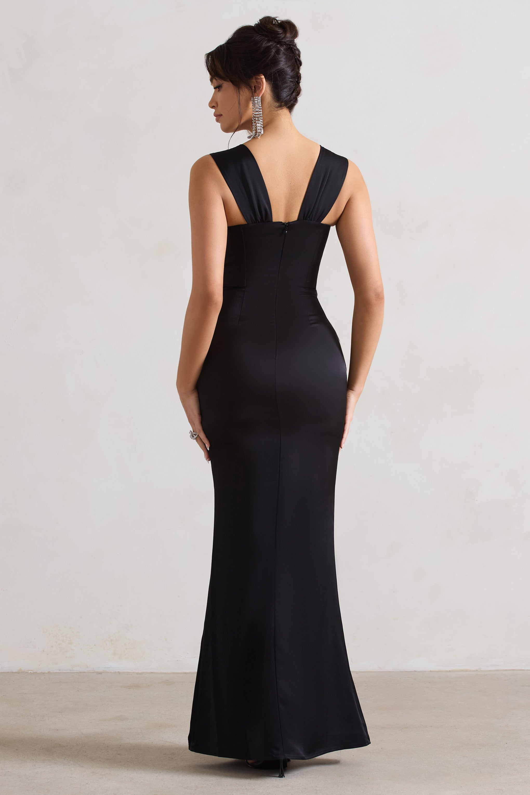 A Romantic Black Satin Corset Wrap Maxi Dress