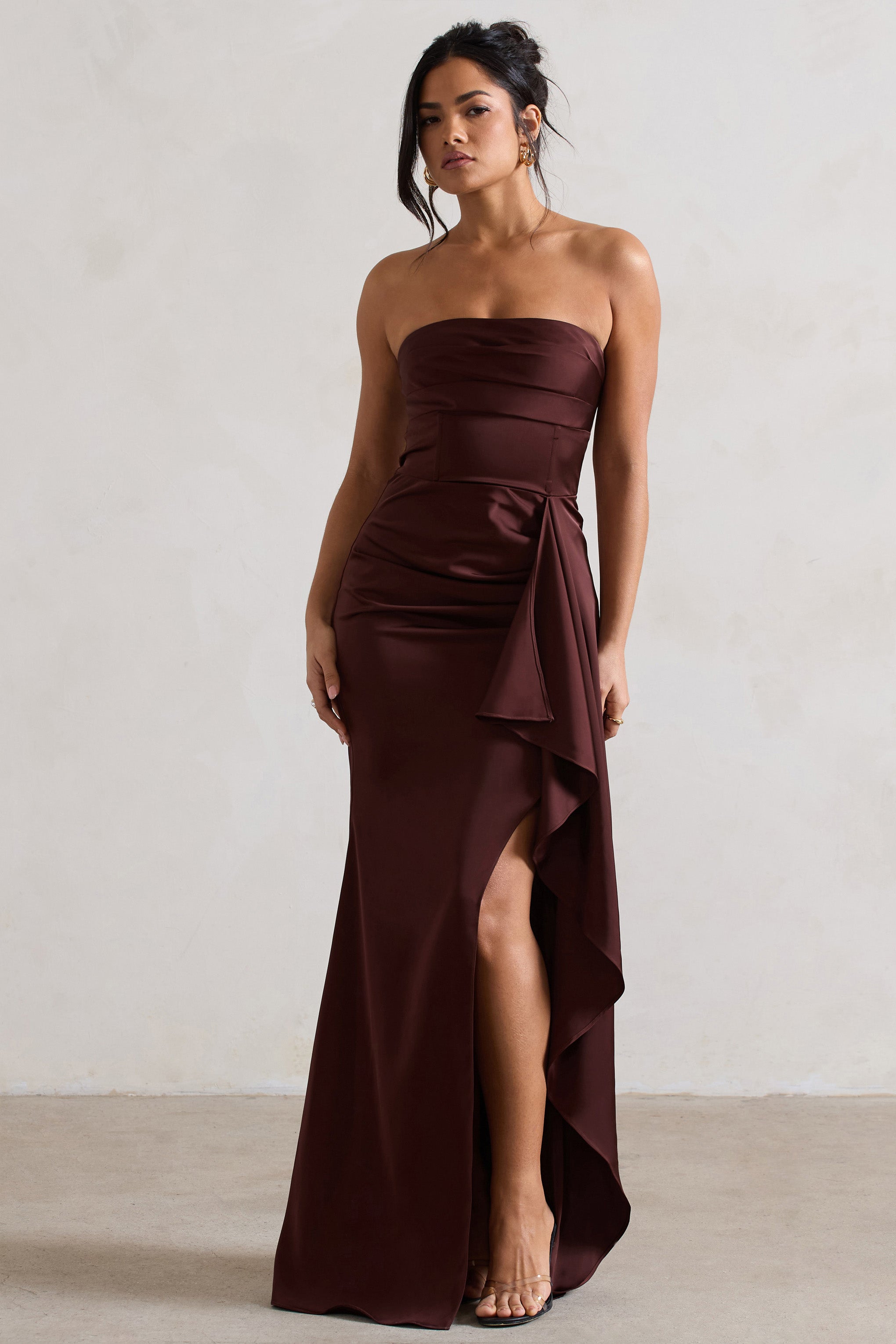 Ace Chocolate Brown Satin Bandeau Split Maxi Dress With Ruffle Drape