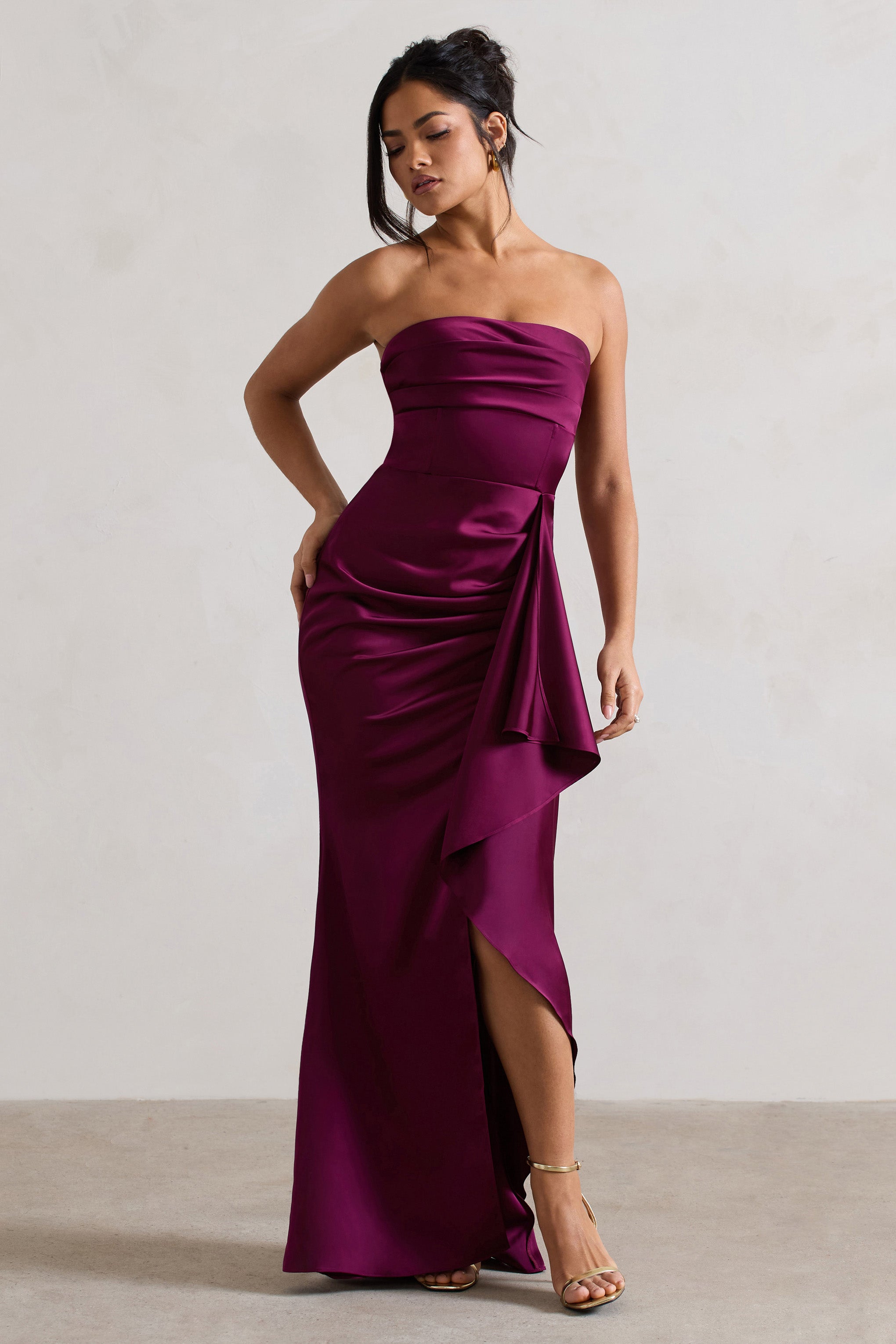 Ace Plum Satin Bandeau Split Maxi Dress With Ruffle Drape