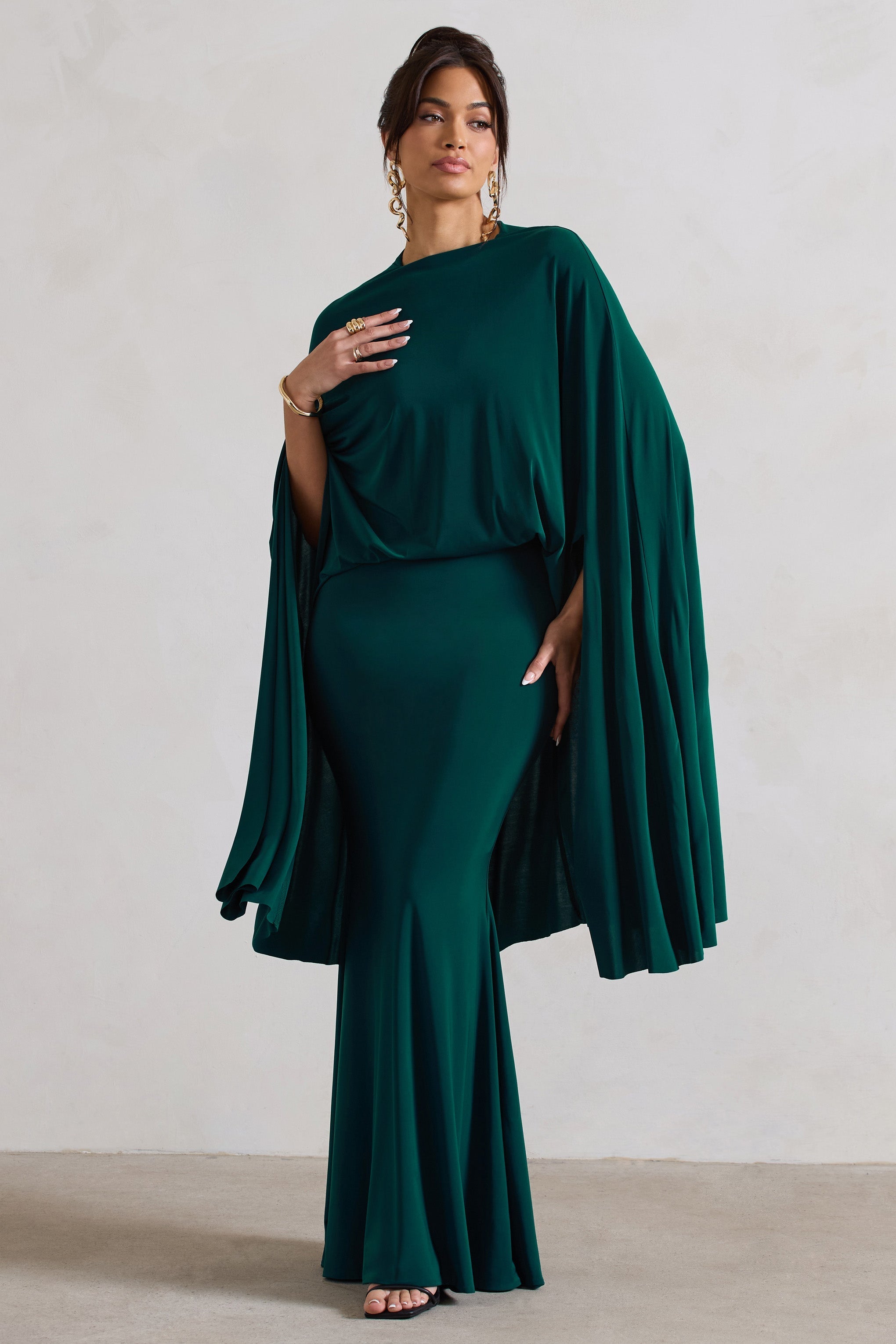 Charmaine Bottle Green High-Neck Maxi Dress With Cape