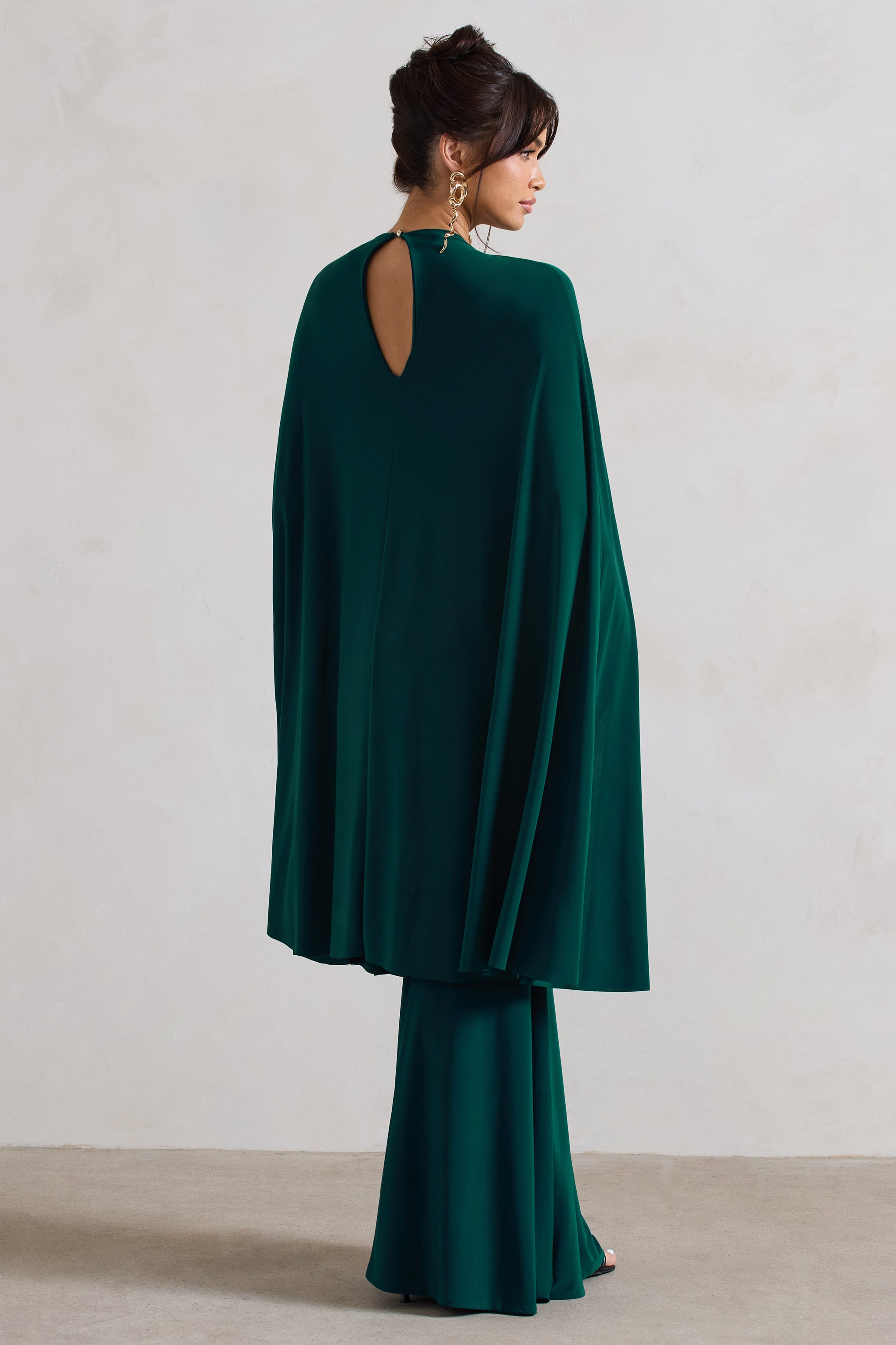 Charmaine Bottle Green High-Neck Maxi Dress With Cape