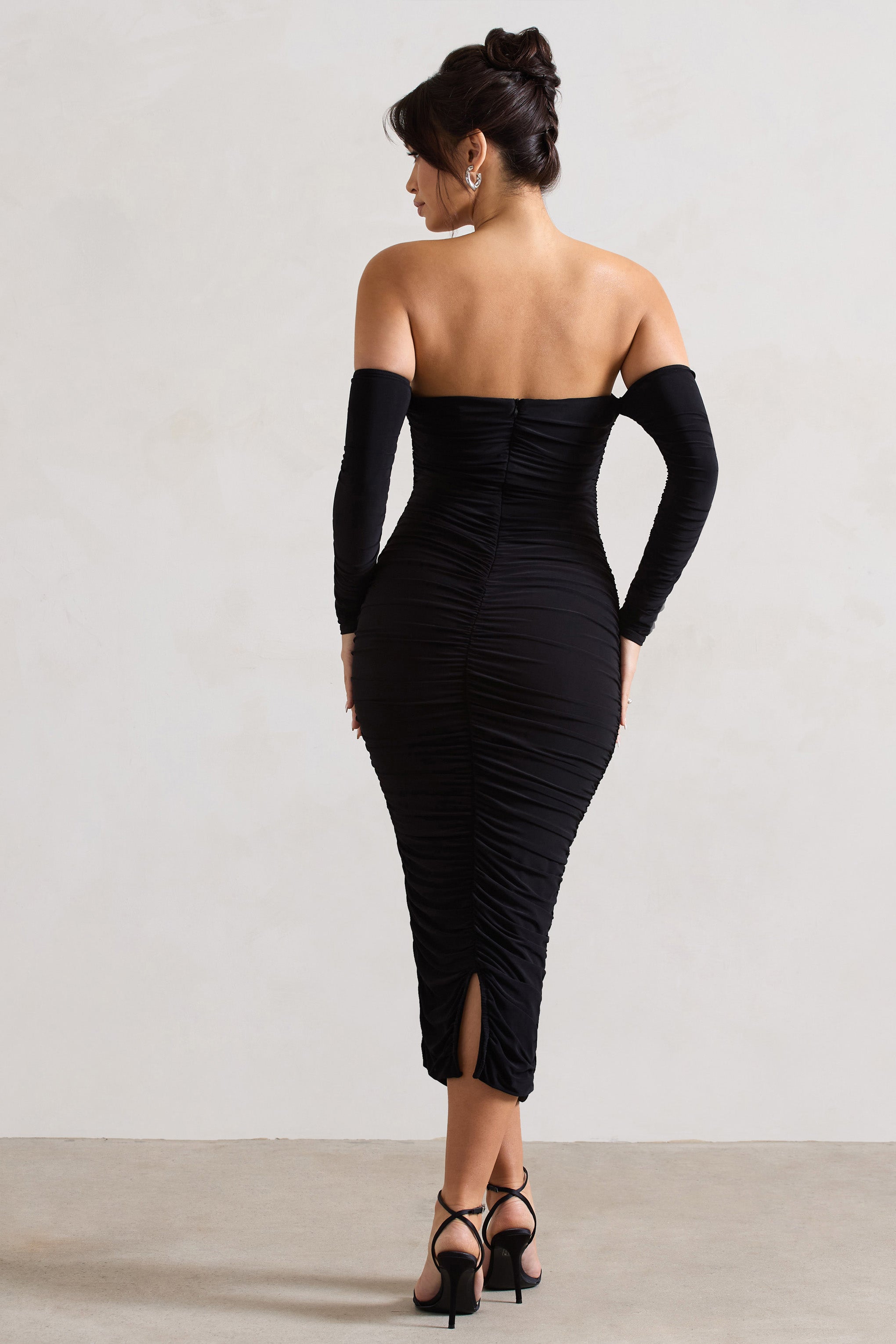 Anissa Black Ruched Bardot Midi Dress