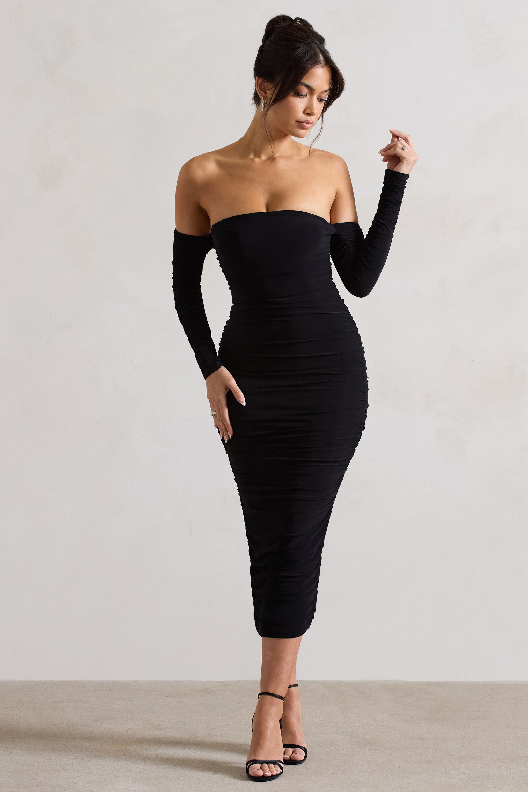 Anissa Black Ruched Bardot Midi Dress