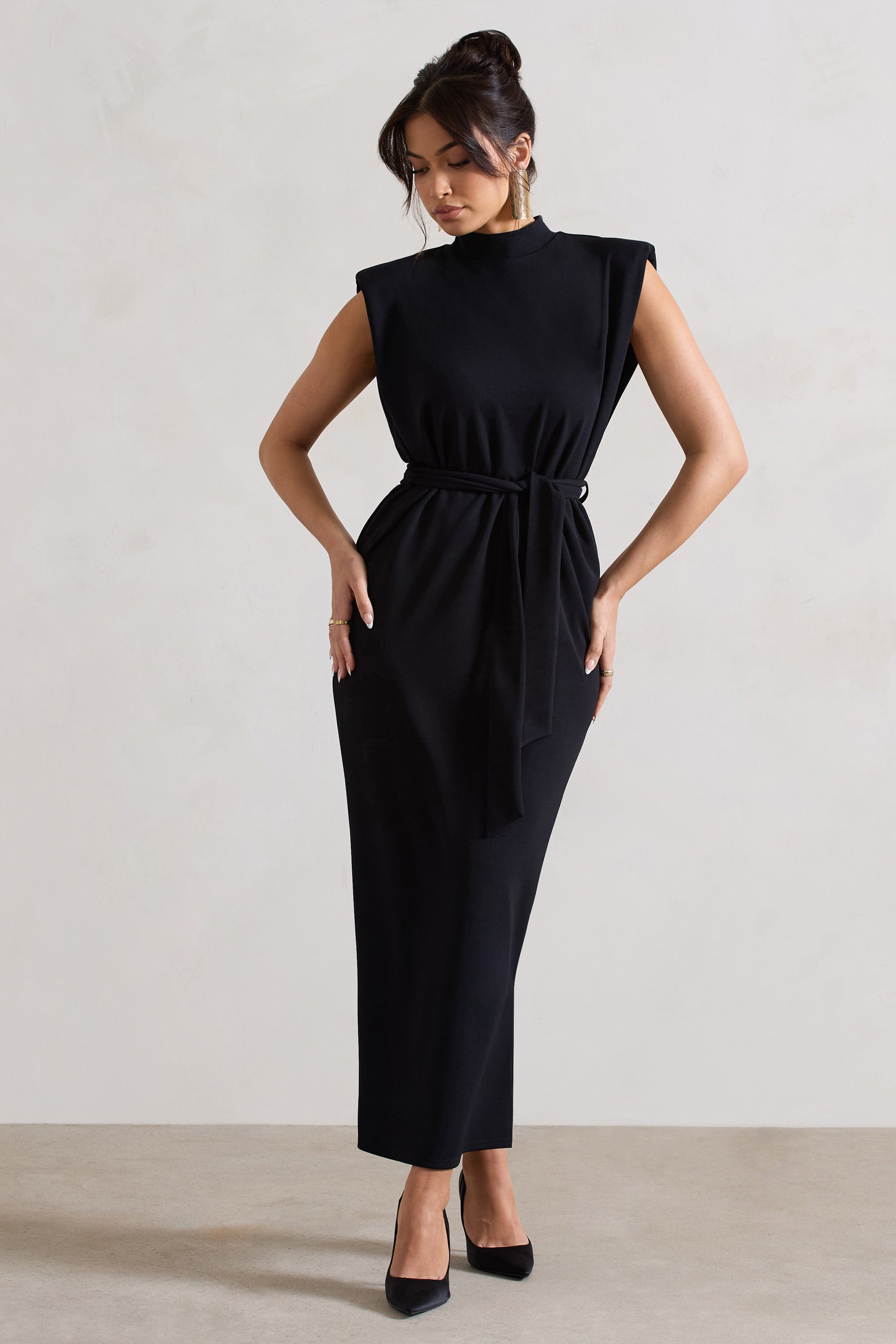 Abbie Black High-Neck Maxi Dress With Tie Waist