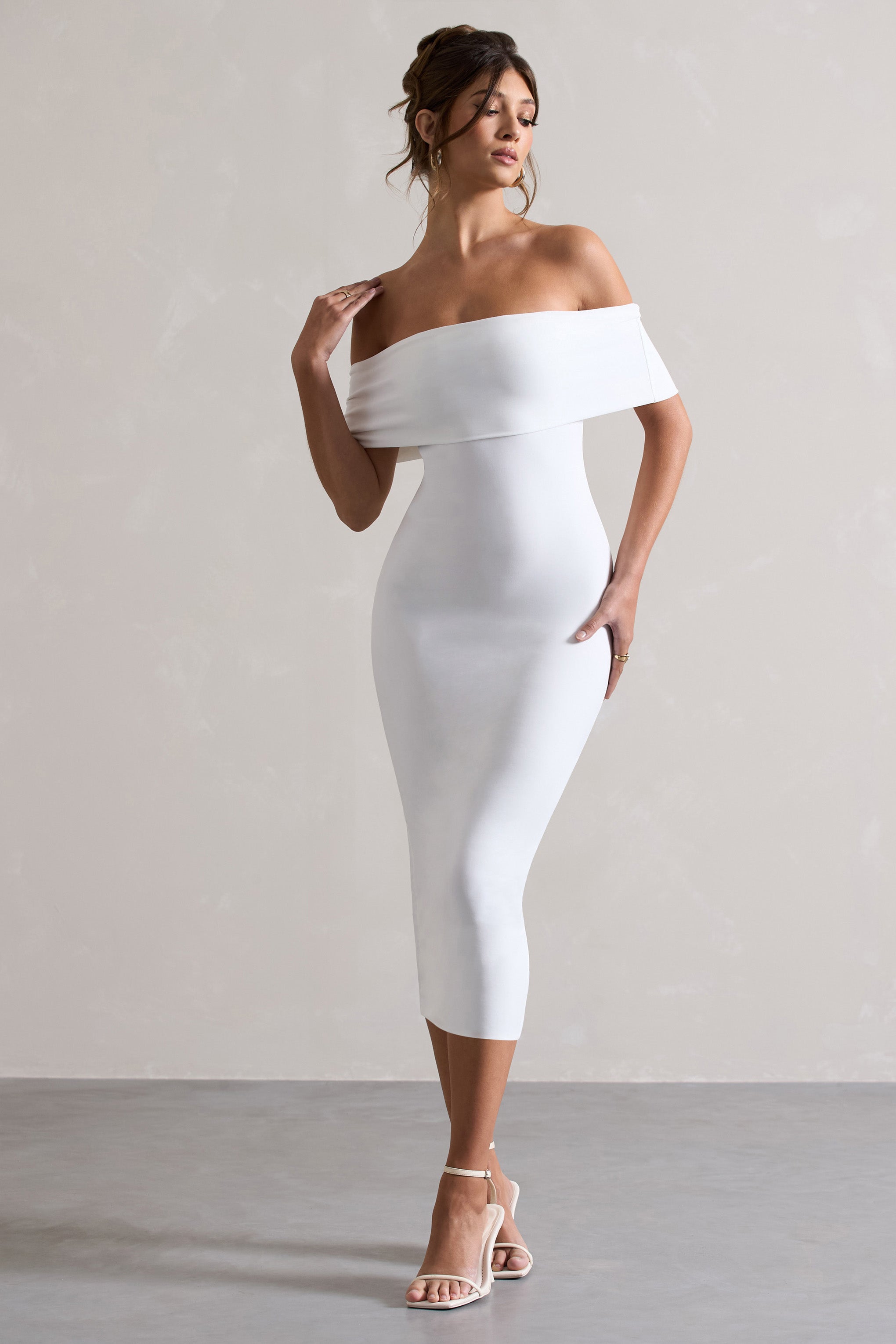Averie White Bodycon Bardot Midi Dress