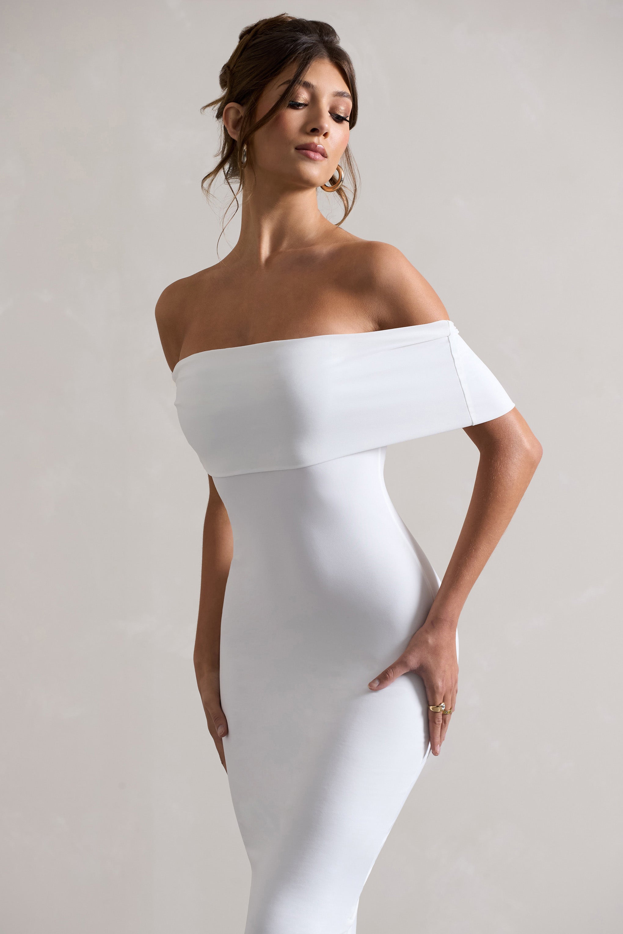 Averie White Bodycon Bardot Midi Dress