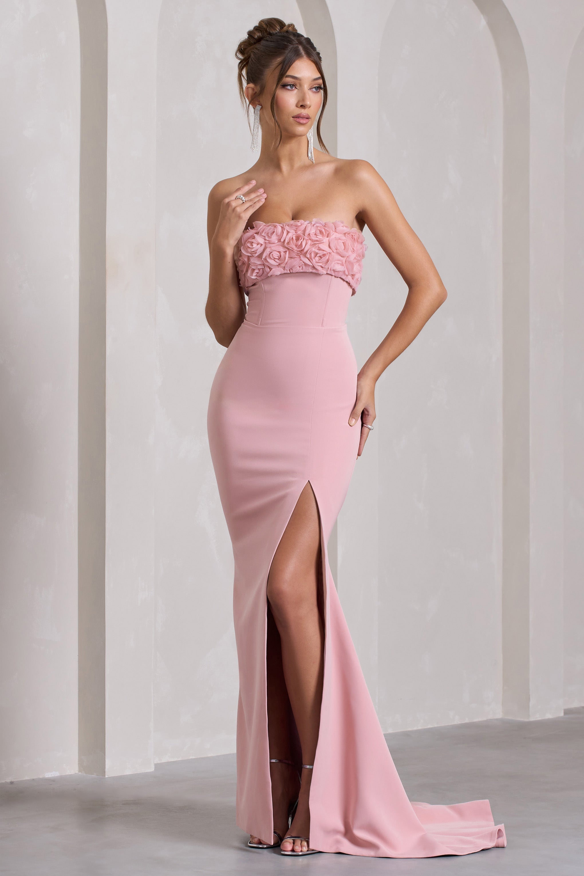 Allegra Pink Bandeau Split Fishtail Maxi Dress With Flowers