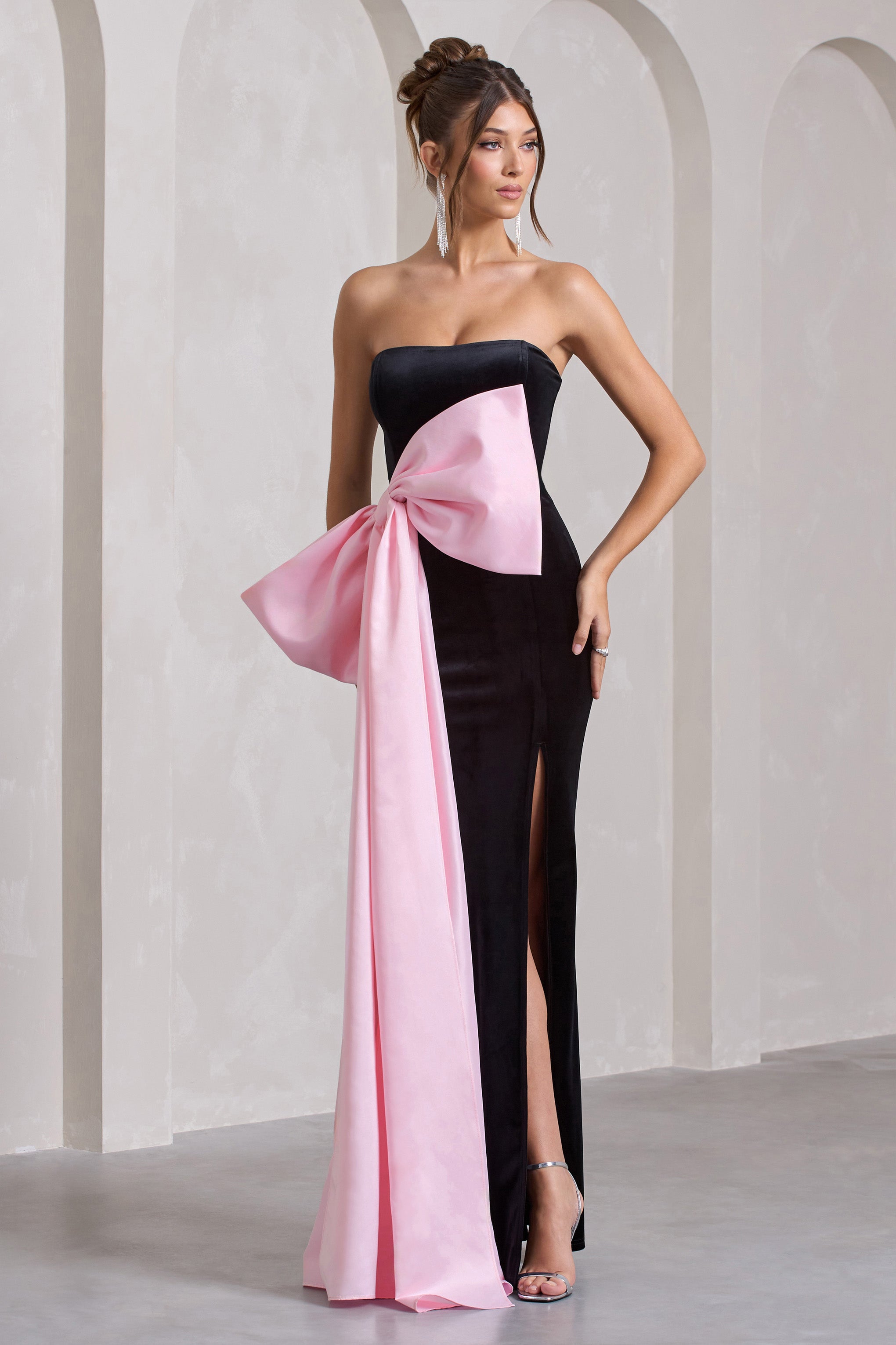 Best Wishes Black Velvet Bandeau Split Maxi Dress With Oversized Pink Bow