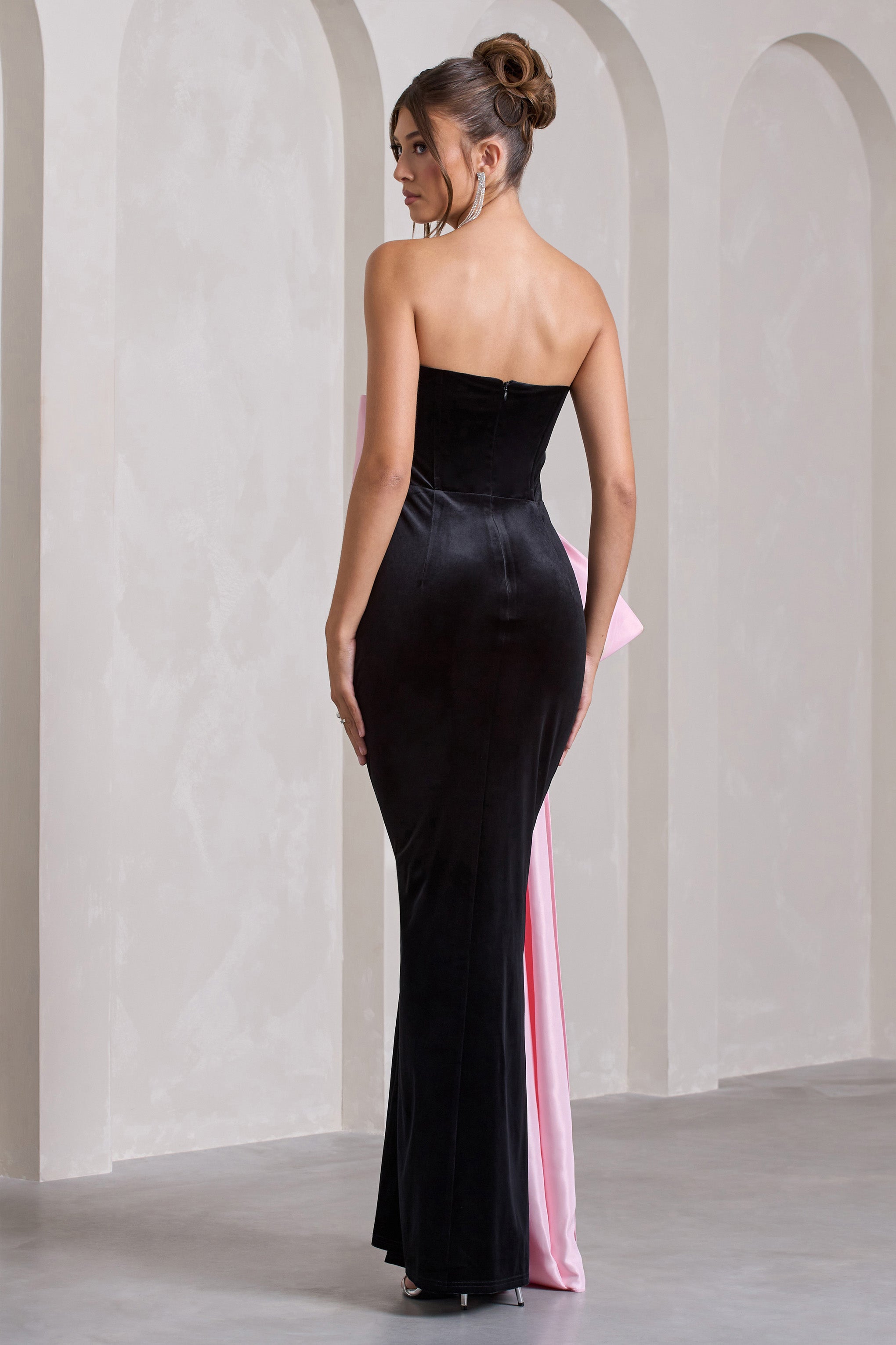 Best Wishes Black Velvet Bandeau Split Maxi Dress With Oversized Pink Bow