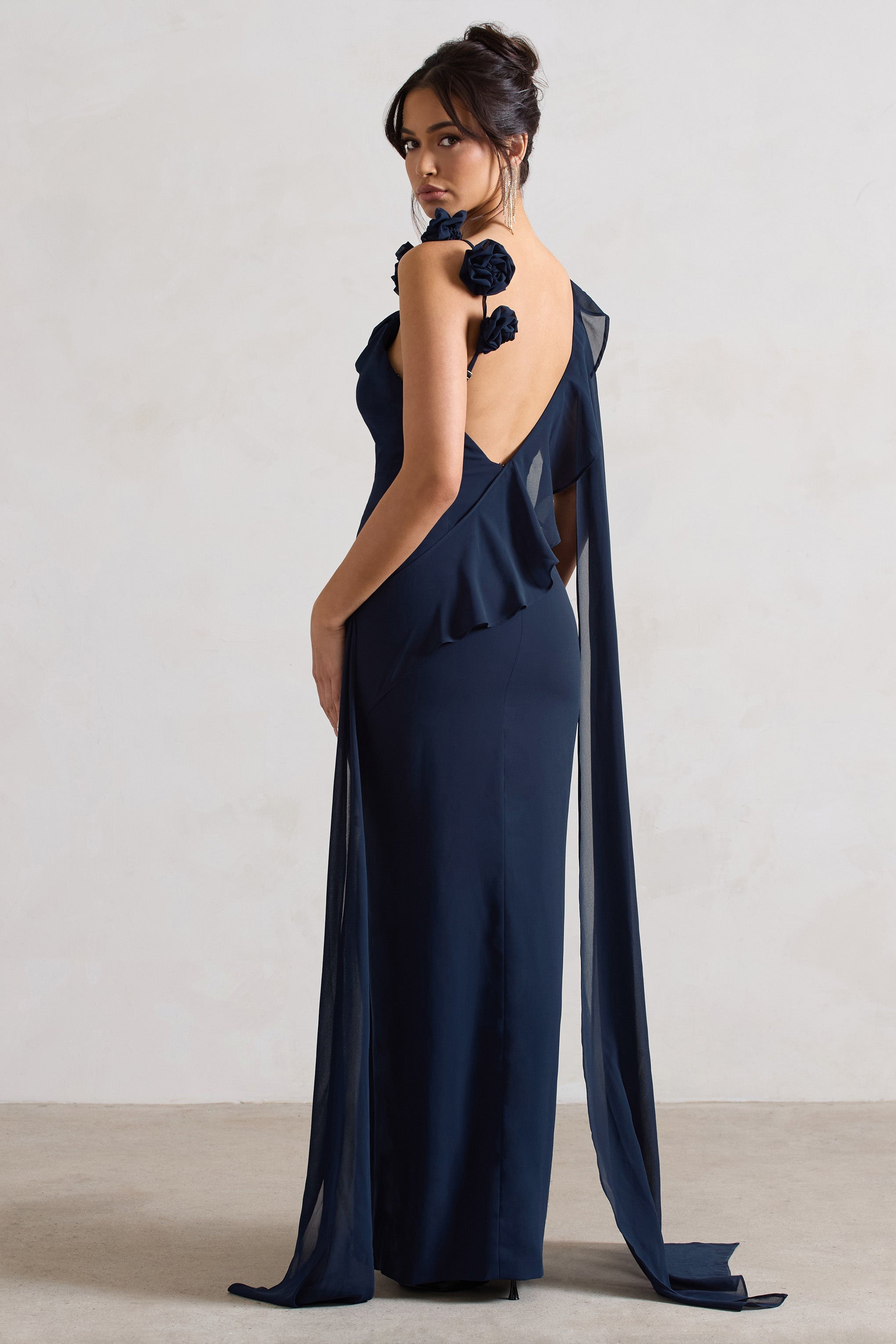 Angeline Navy Chiffon Draped Split Maxi Dress With Corsages
