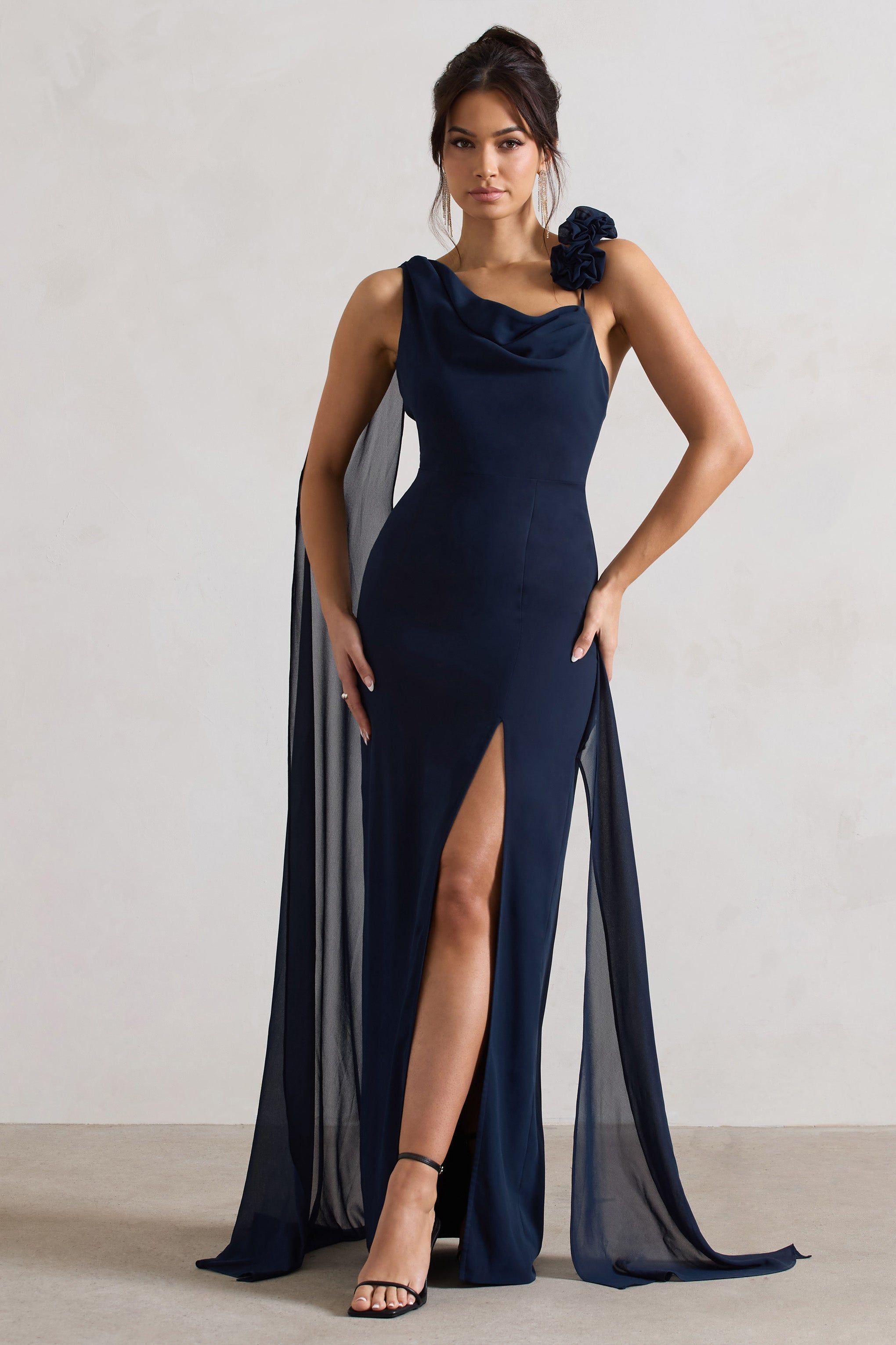 Angeline Navy Chiffon Draped Split Maxi Dress With Corsages