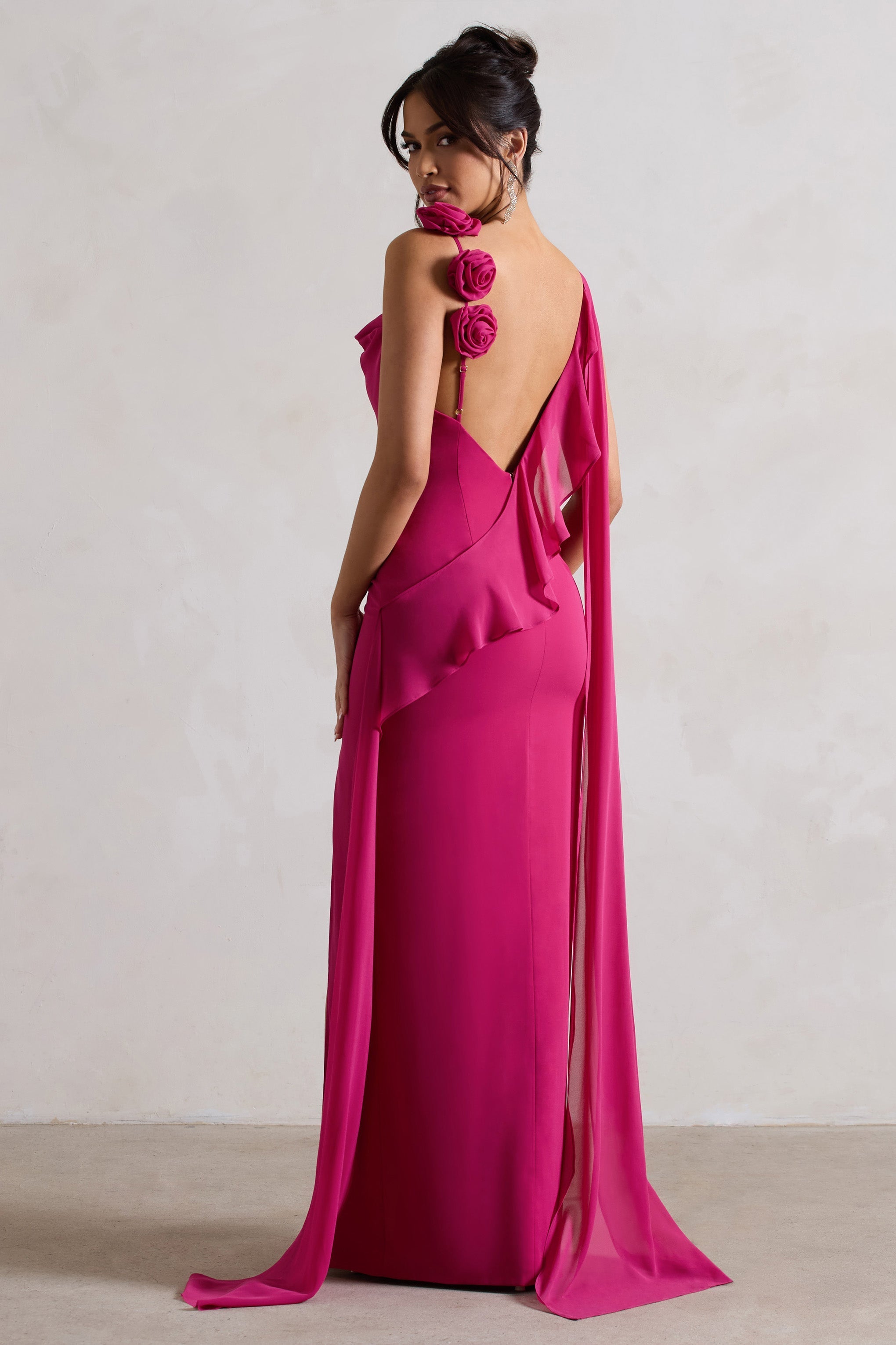 Angeline Dark Pink Chiffon Draped Split Maxi Dress With Corsages