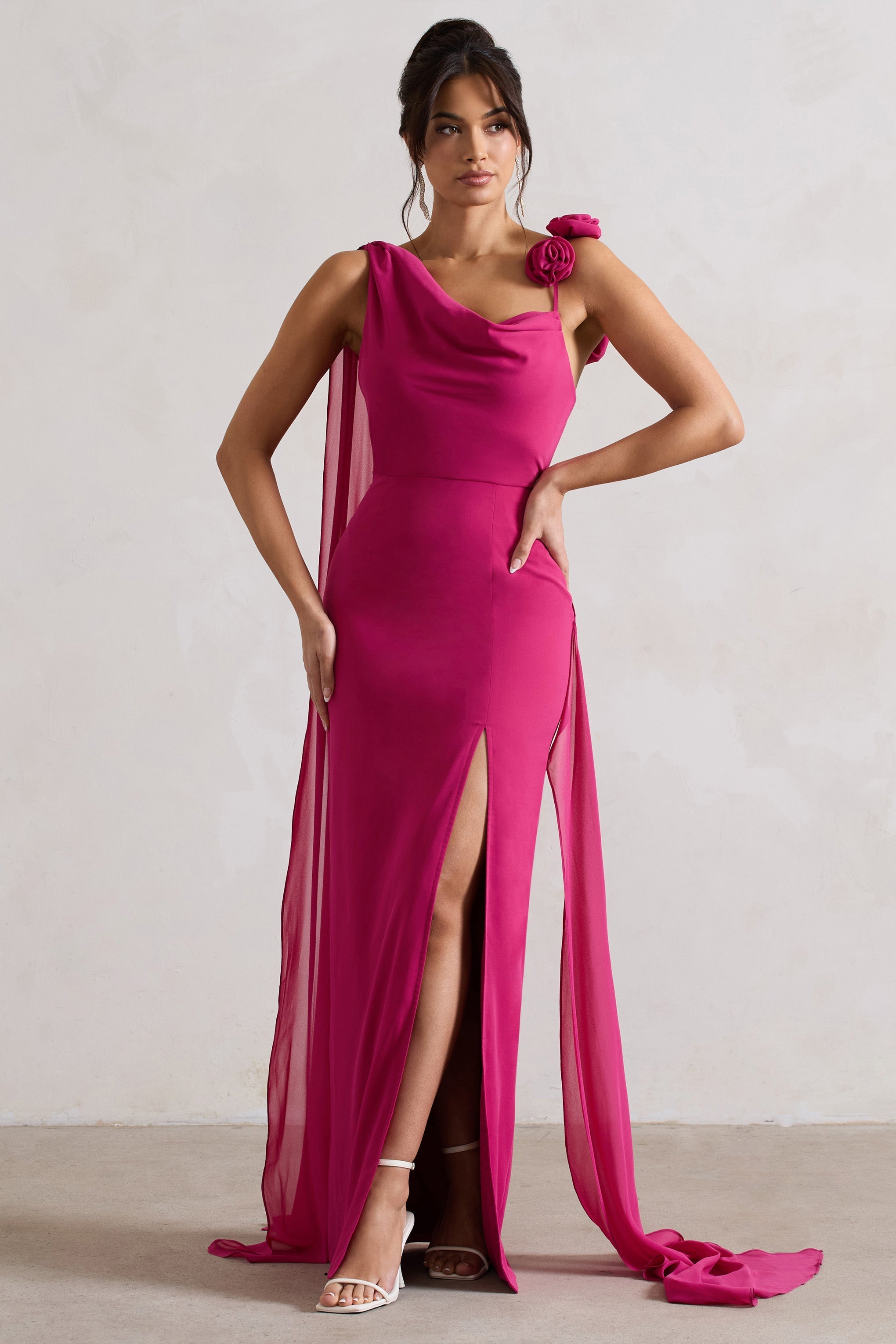 Angeline Dark Pink Chiffon Draped Split Maxi Dress With Corsages