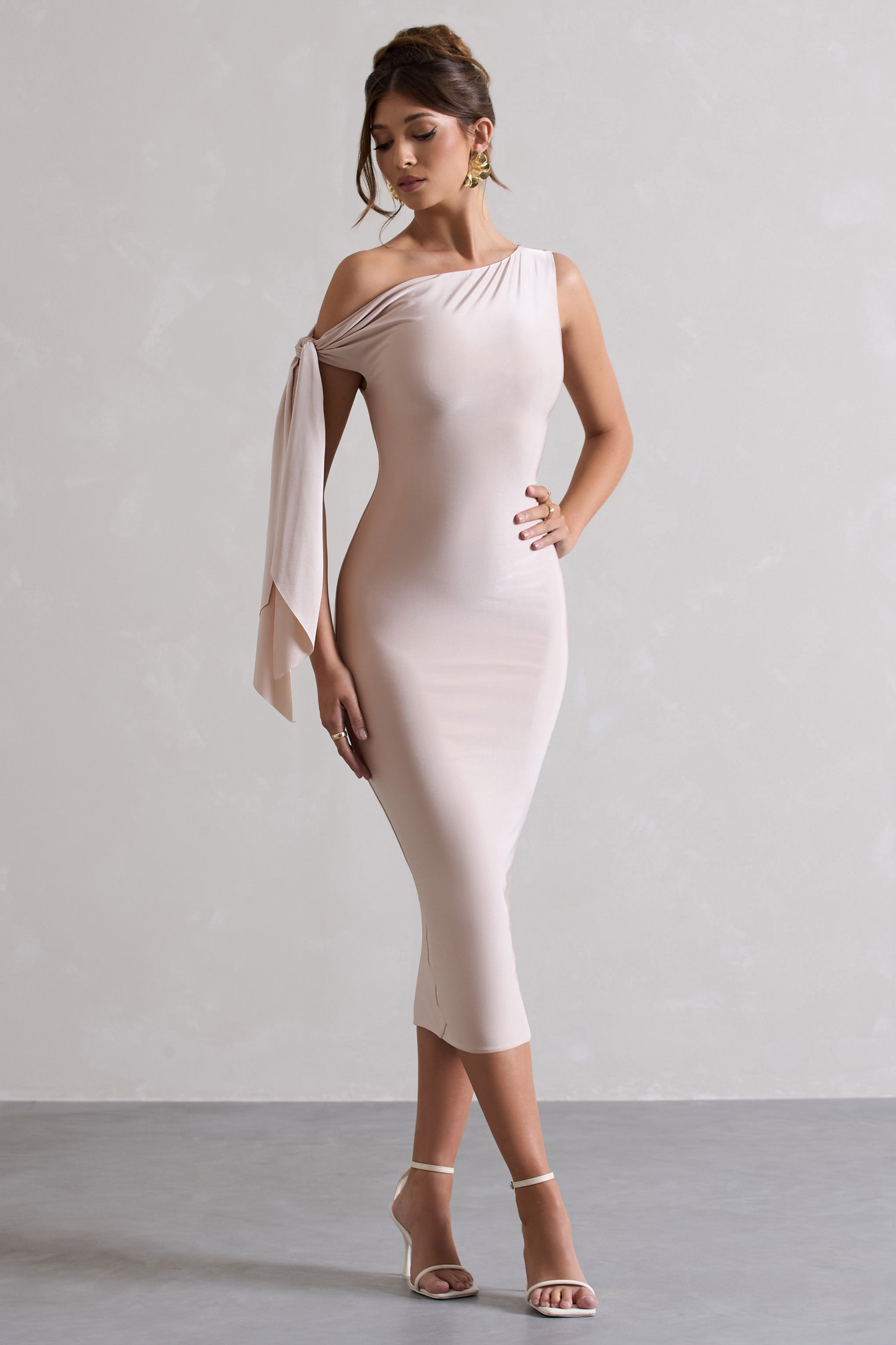 Adapt Champagne Asymmetric Midi Dress With Tie Sleeve