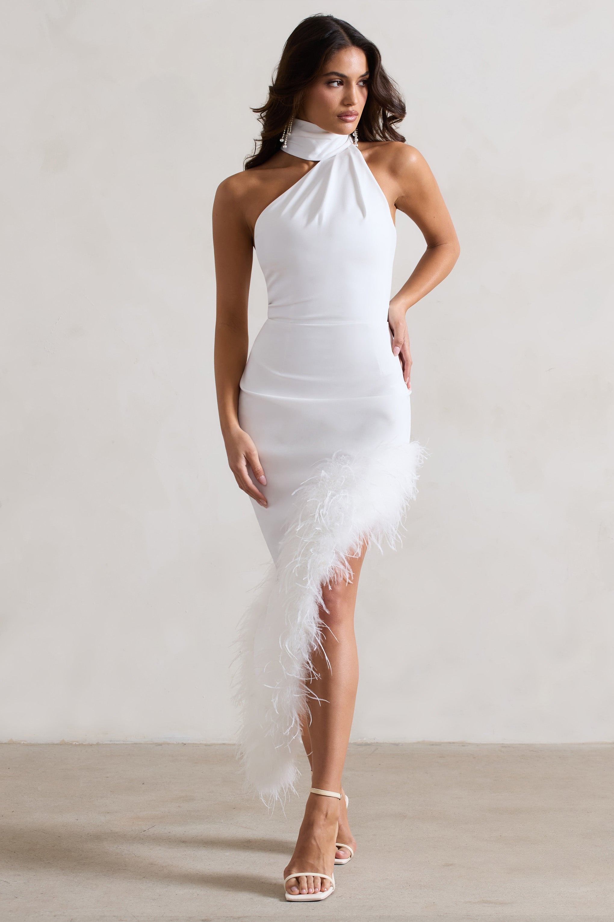 Brilliance White Asymmetric Maxi Dress With Feather Trim