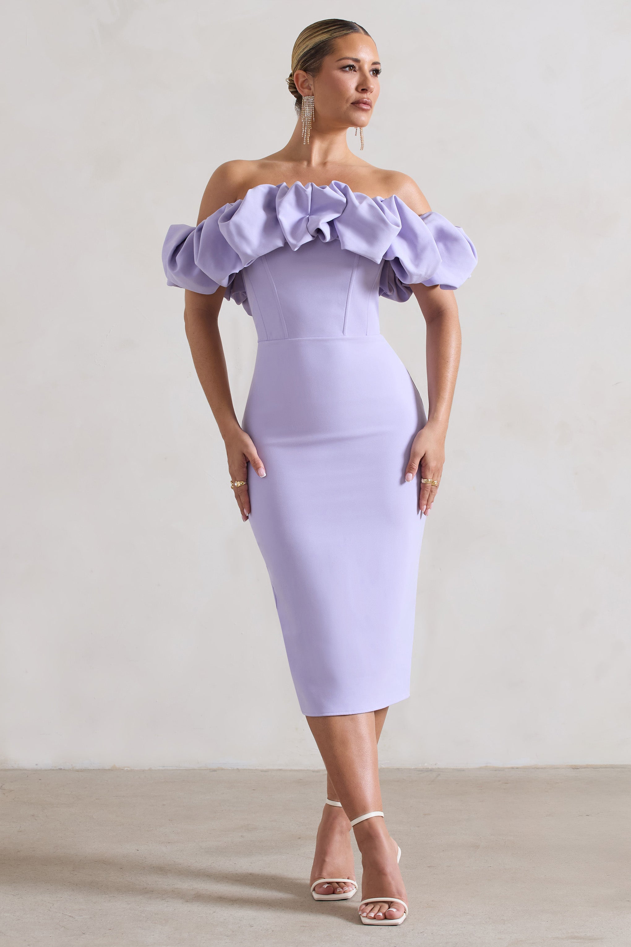 Amie Lilac Structured Ruffle Bardot Midi Dress