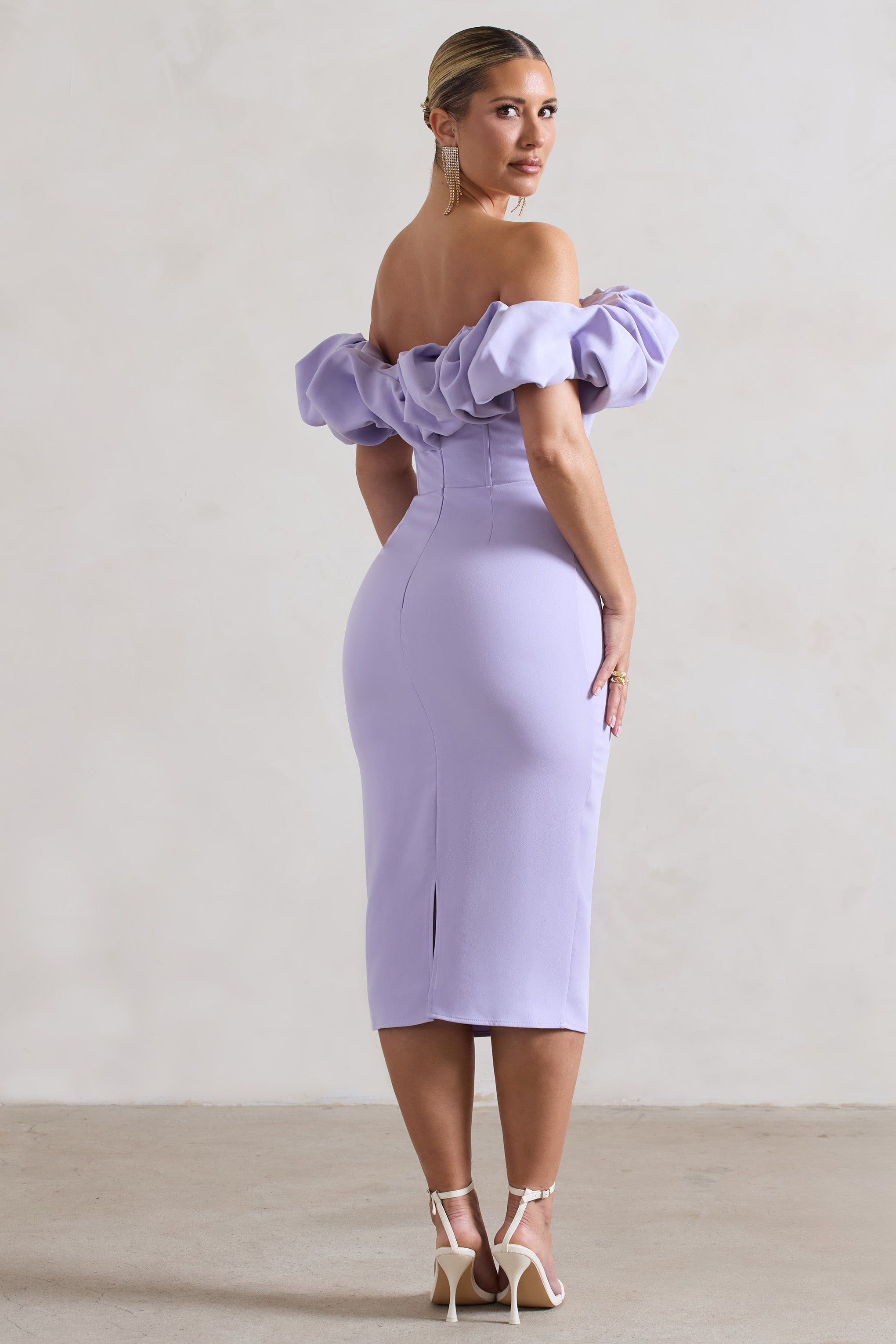 Amie Lilac Structured Ruffle Bardot Midi Dress