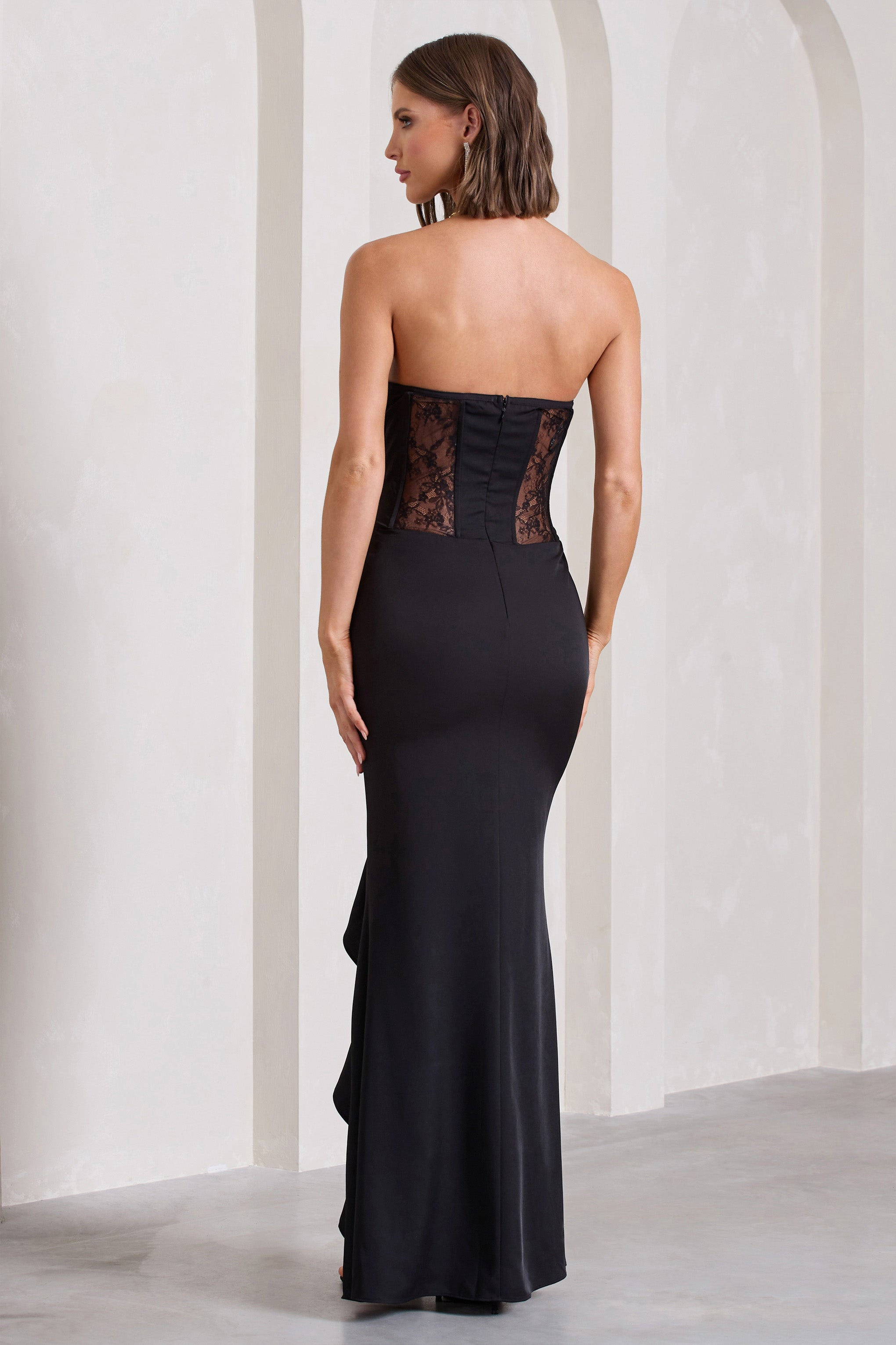 Attention Please Black Strapless Lace Panelled Corset Split Maxi Dress