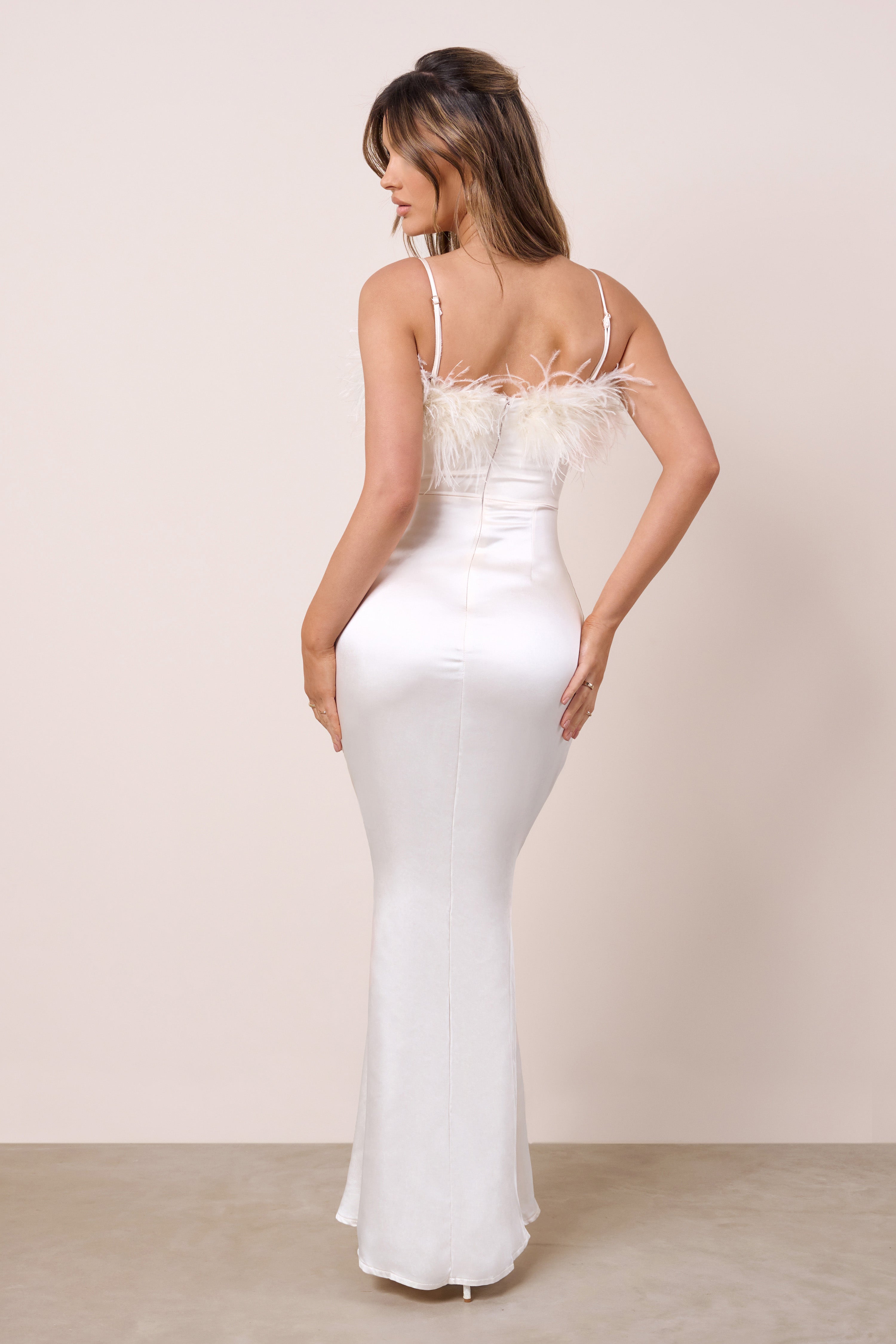 Add The Drama Ivory Satin Square Neck Maxi Dress With Feather Trim