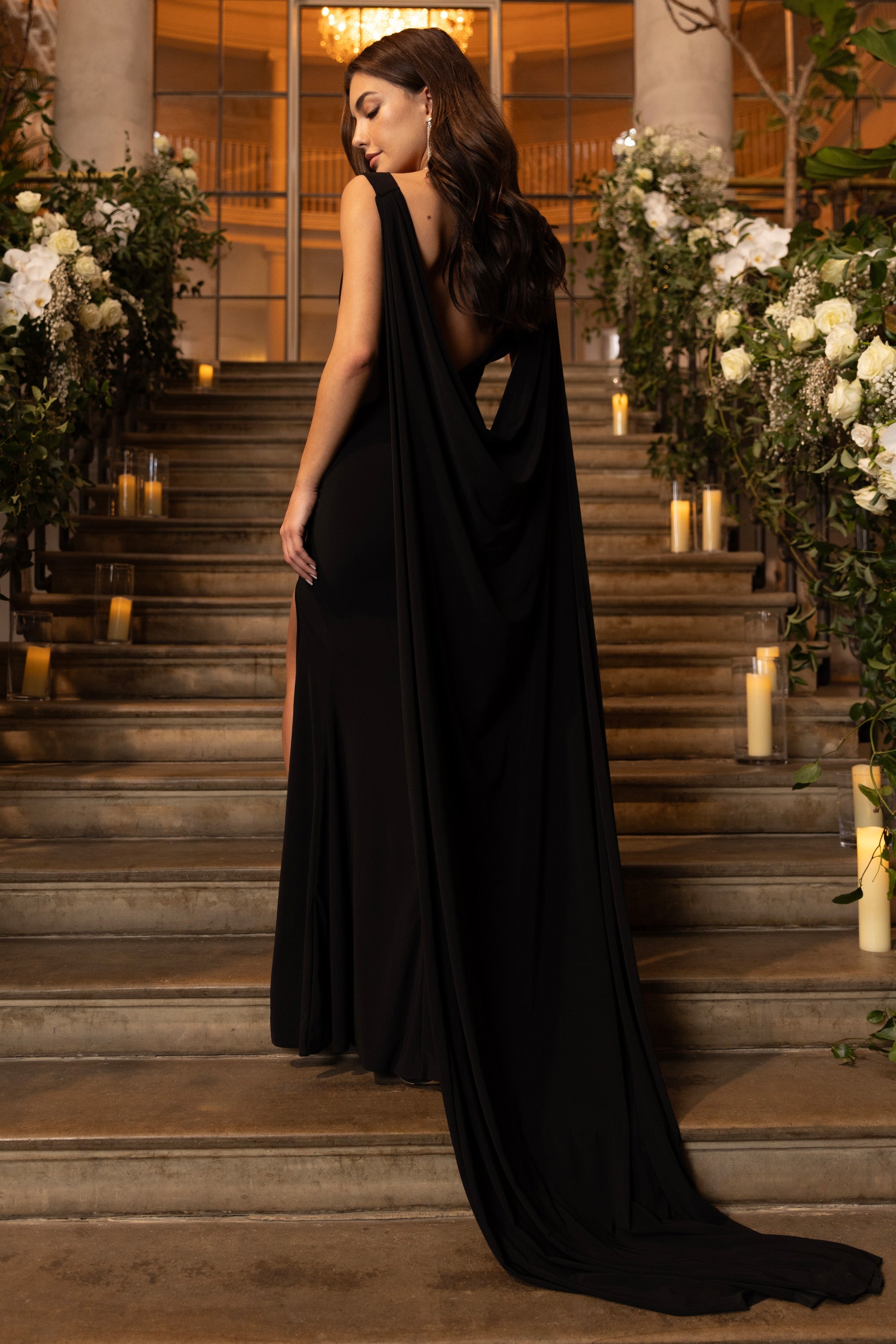 A Toast Black Split Maxi Dress With Draped Cape